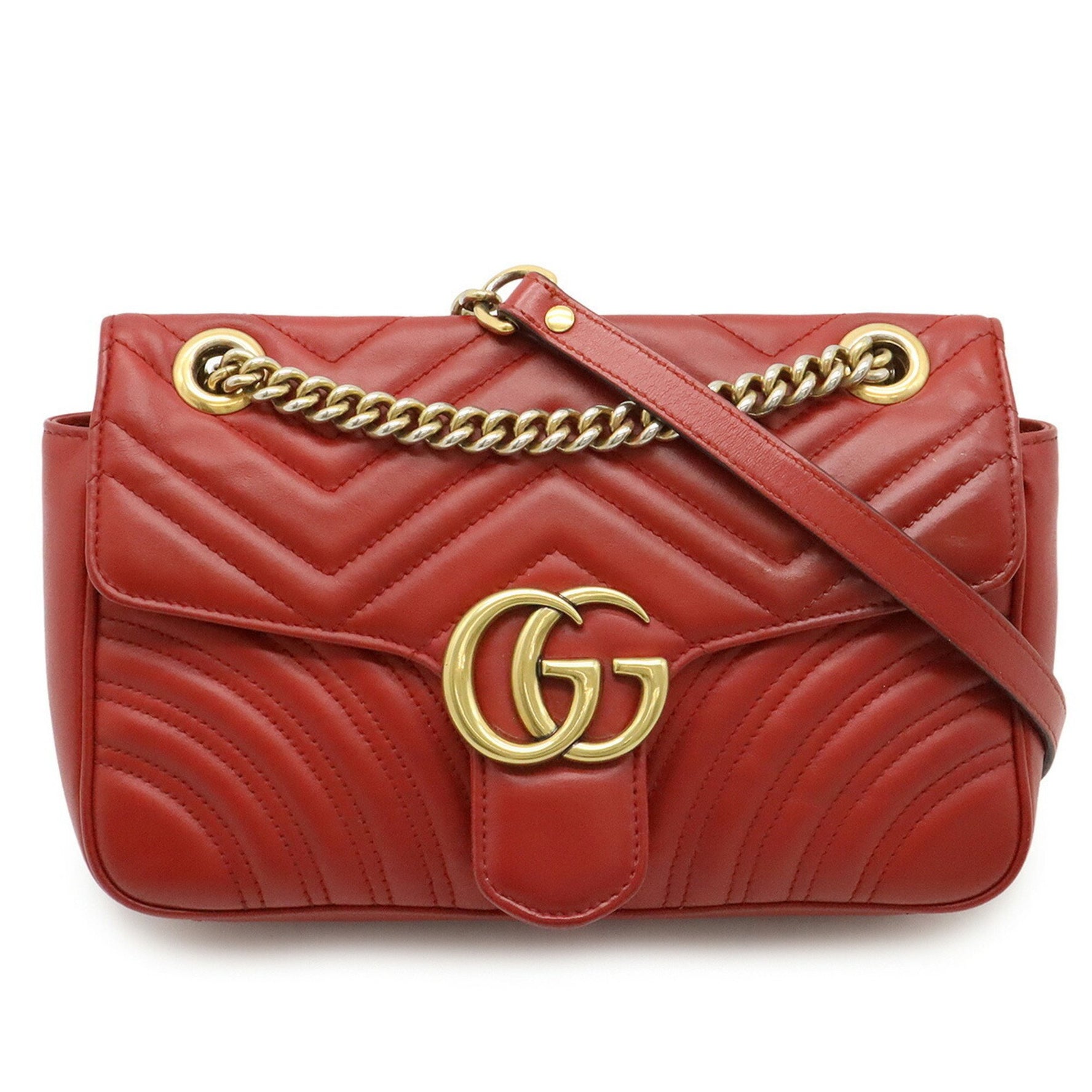 GUCCI GG Marmont Chain Shoulder Bag Pochette in Quilted Leather, Red,