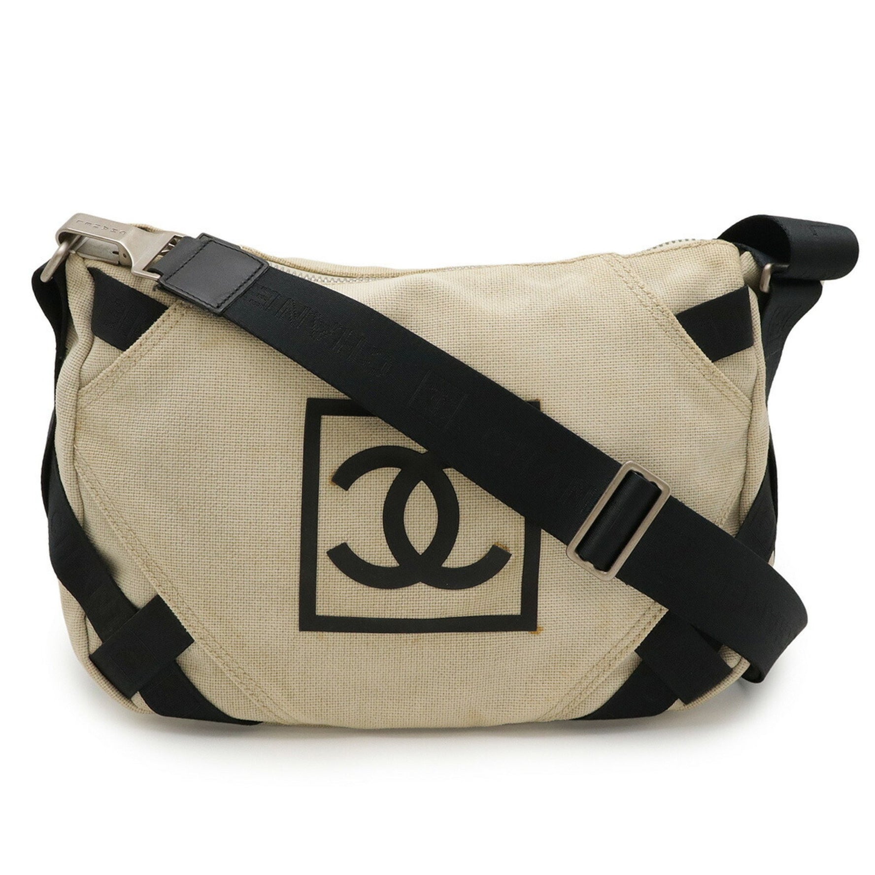 CHANEL Sport Line Coco Mark Shoulder Bag, Canvas, Beige, Black