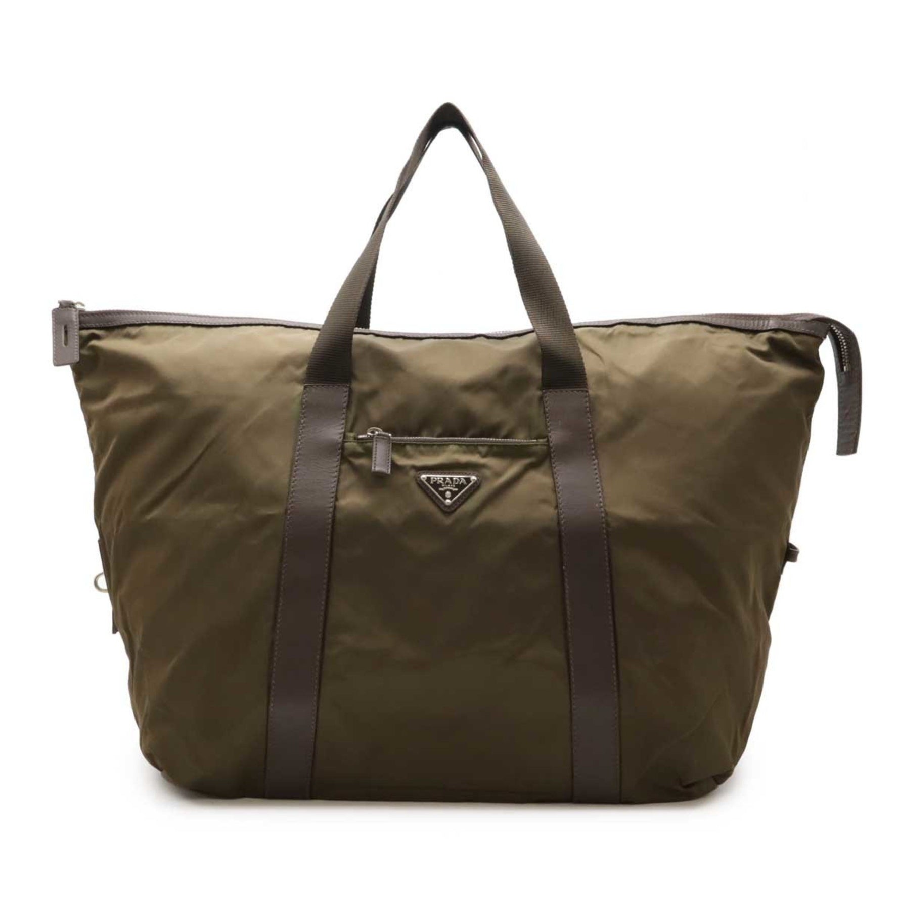 PRADA Prada Triangle Boston Bag Travel Nylon Leather Khaki Dark Brown V49Z