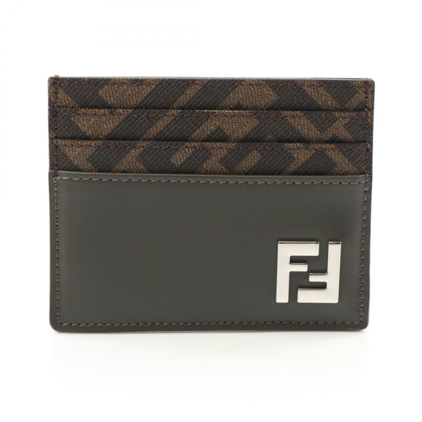 FENDI FF Business Card Holder/Card Case Leather Coated Canvas Green Brown Black