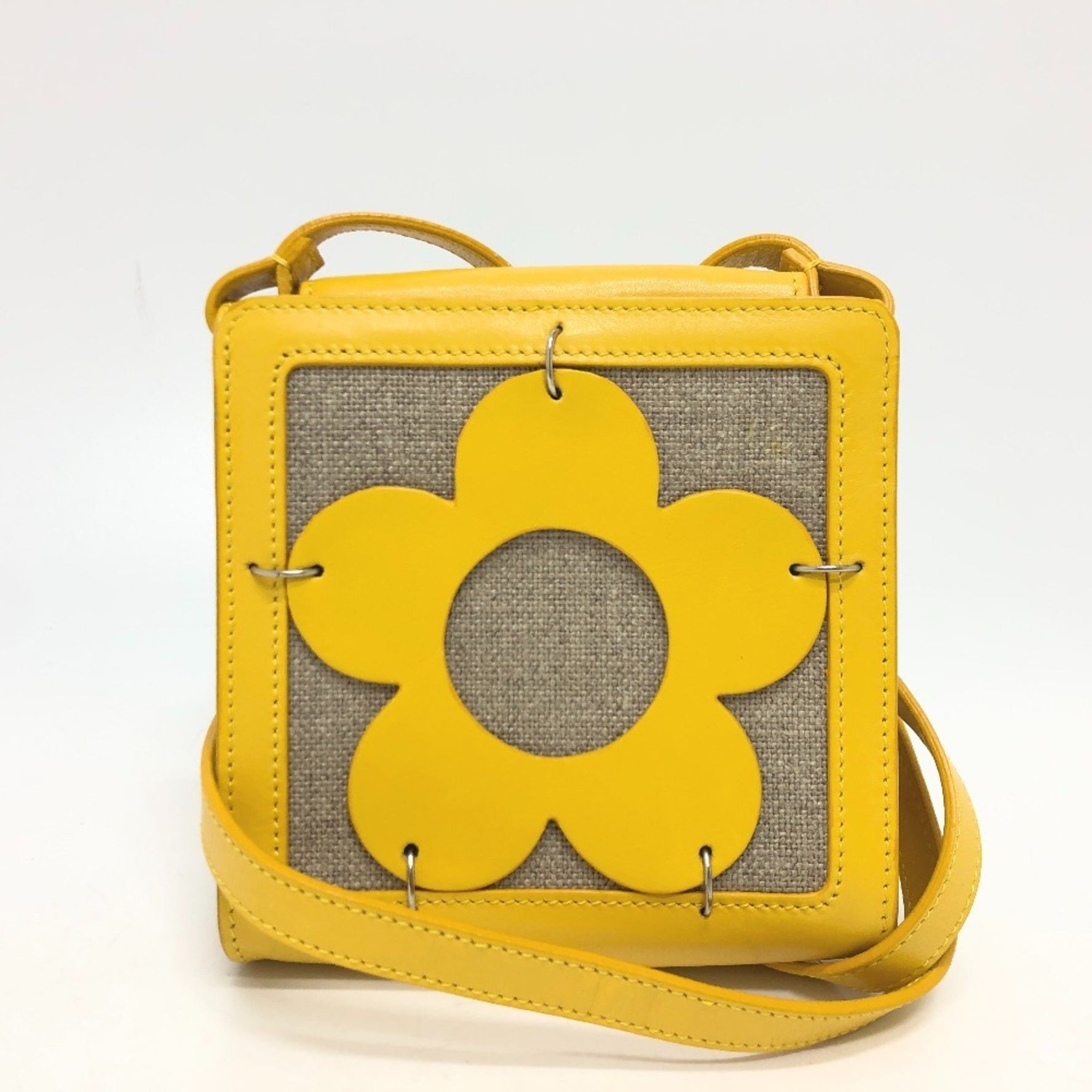 CELINE Flower Pochette Shoulder Bag Leather Canvas Yellow Beige