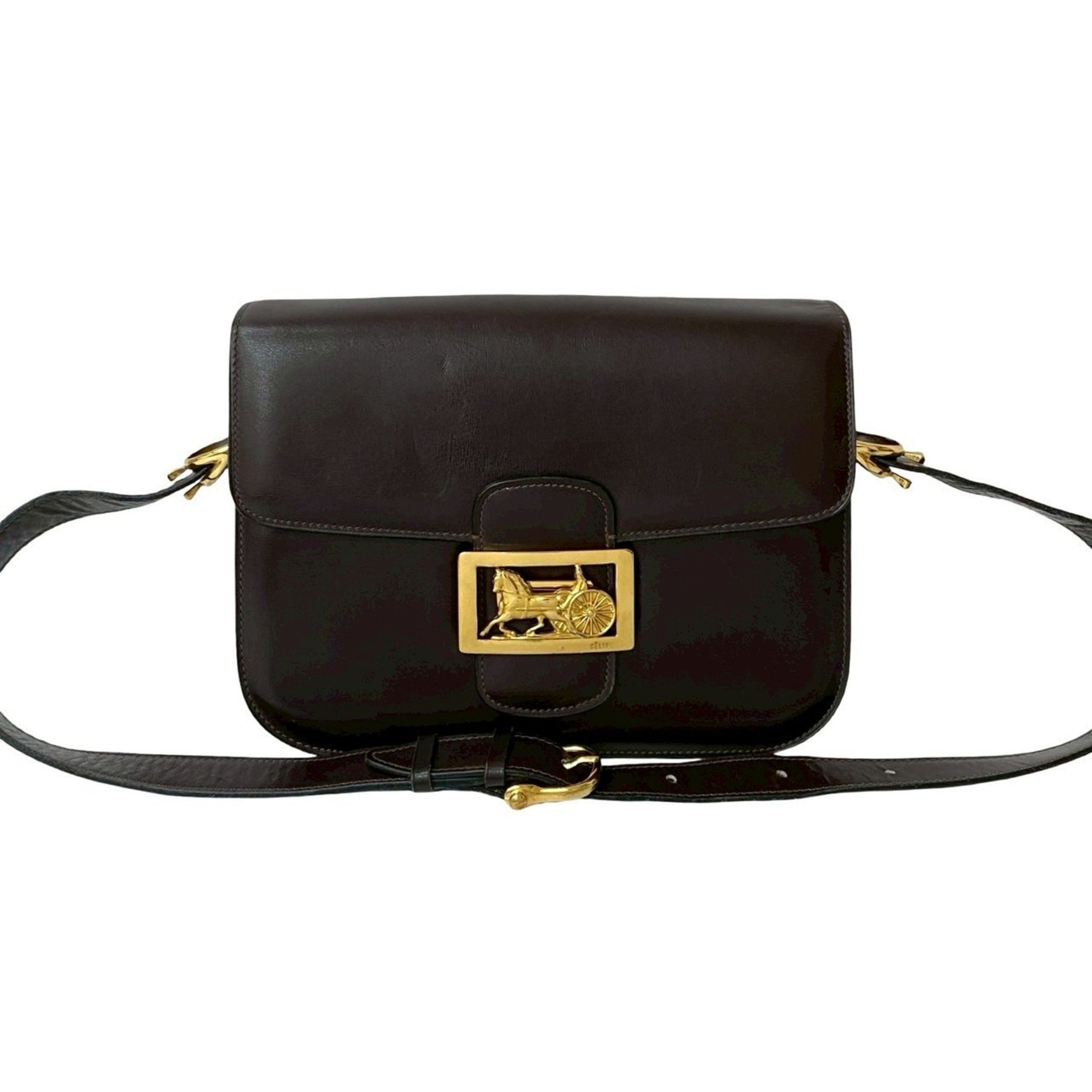 CELINE Logo Horse-Drawn Carriage Hardware Leather Genuine Mini Shoulder Bag Pochette Sacoche