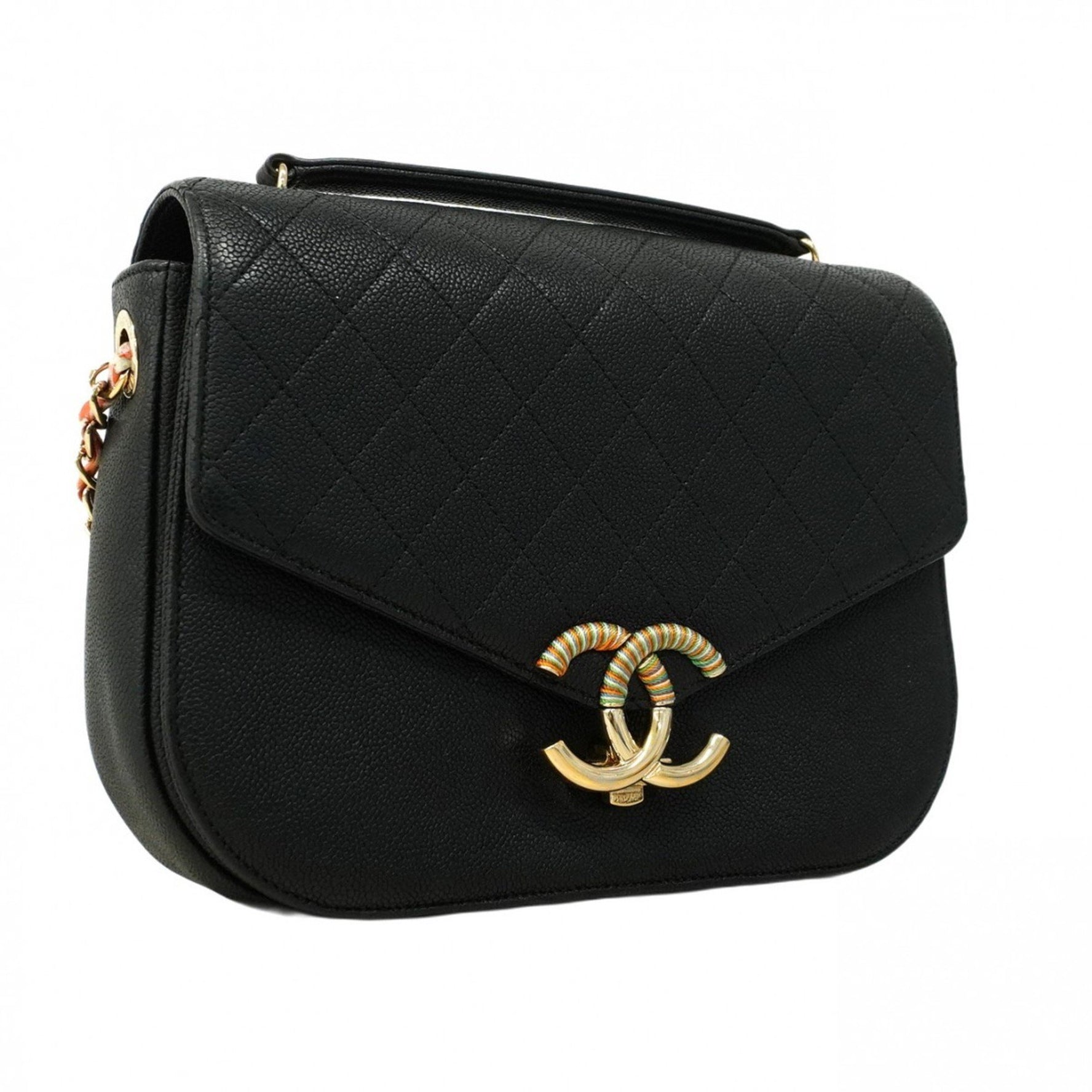 Chanel Matelasse Shoulder Bag with Chain, Caviar Skin, Black Champagne, Women's