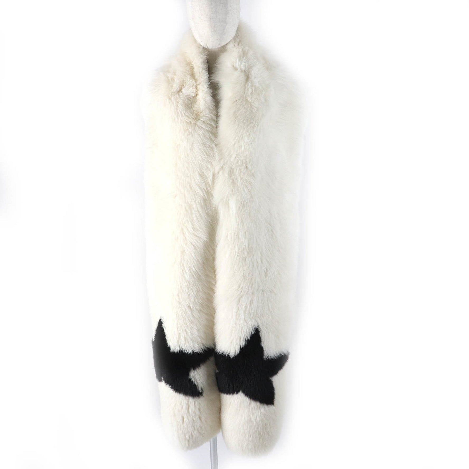 GIVENCHY Fox Fur Star Motif Extra Long Scarf, Genuine Shawl, White/Black, Size 38, Includes Hanger, Made in Italy, Authentic