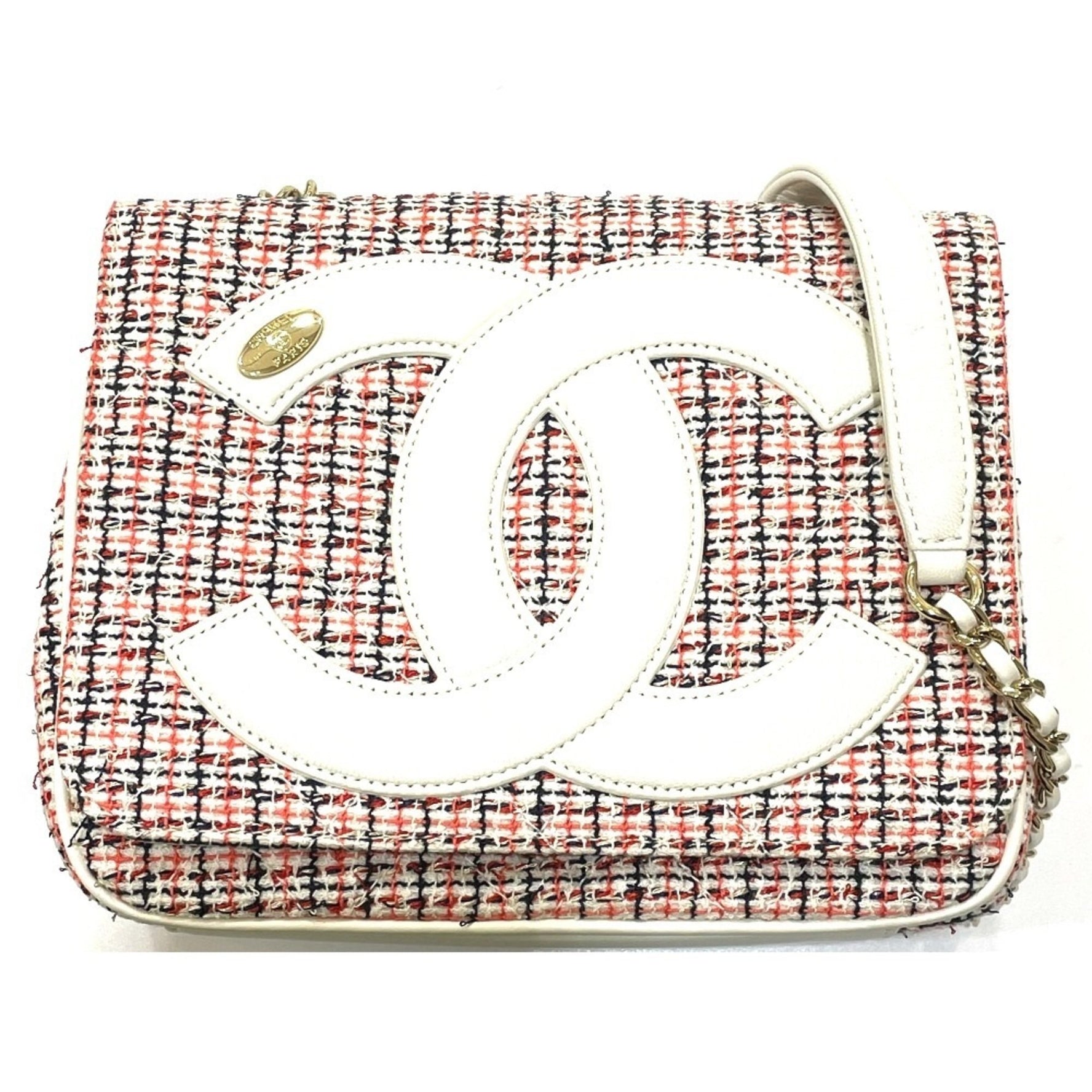 CHANEL CC Coco Mark Flap Pochette Bag Chain Shoulder Leather Tweed White x Red