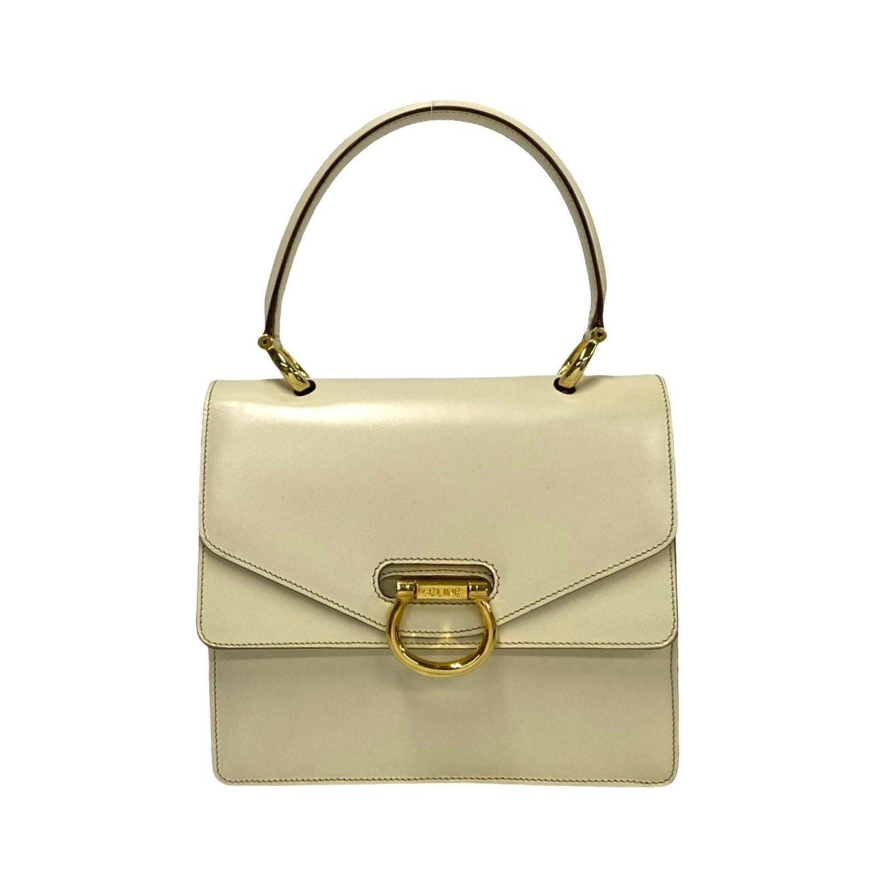 CELINE Vintage Gancini Logo Hardware Leather Handbag/Mini Tote Bag, Ivory