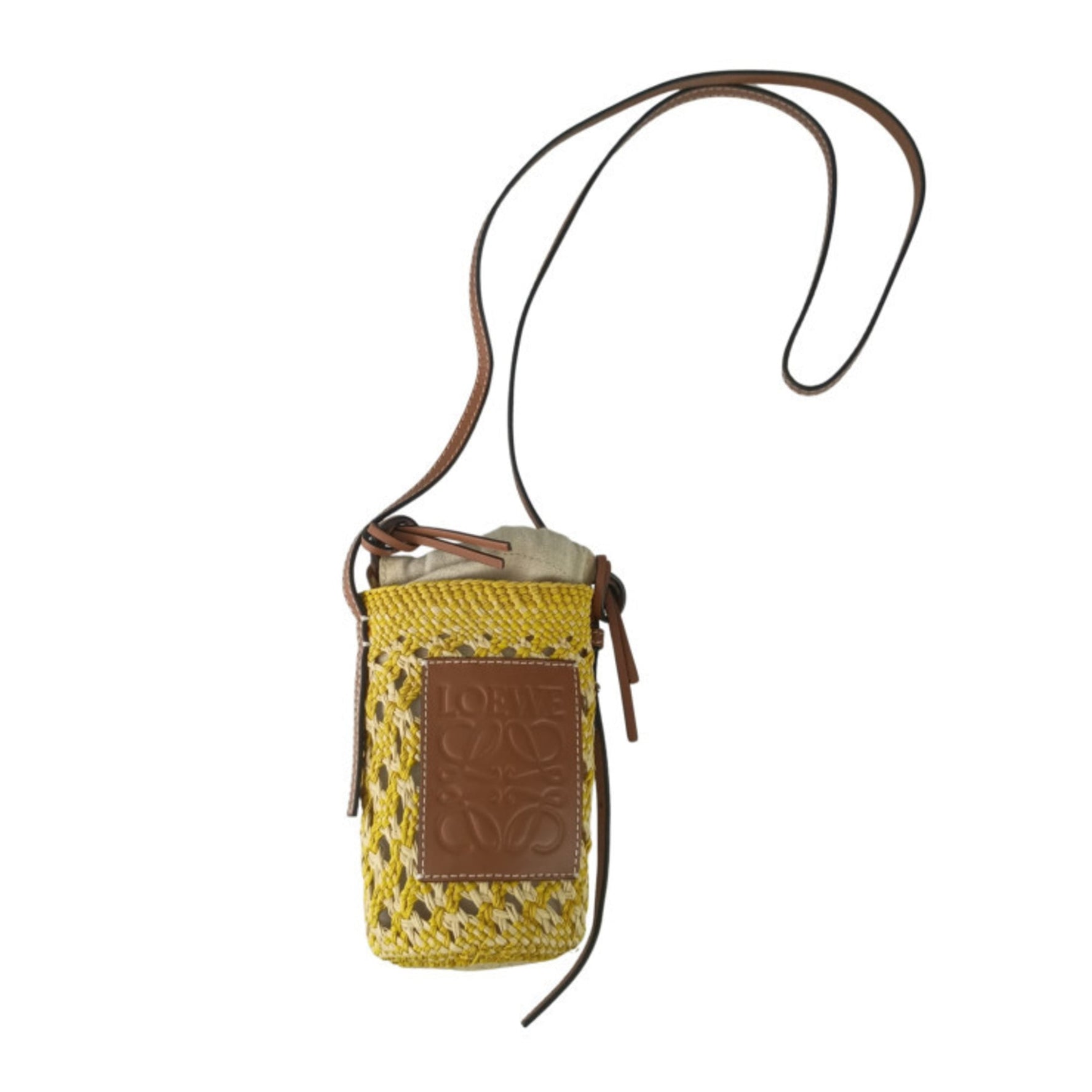 LOEWE Anagram Cylinder Pocket Shoulder Bag Yellow Brown Raffia Leather
