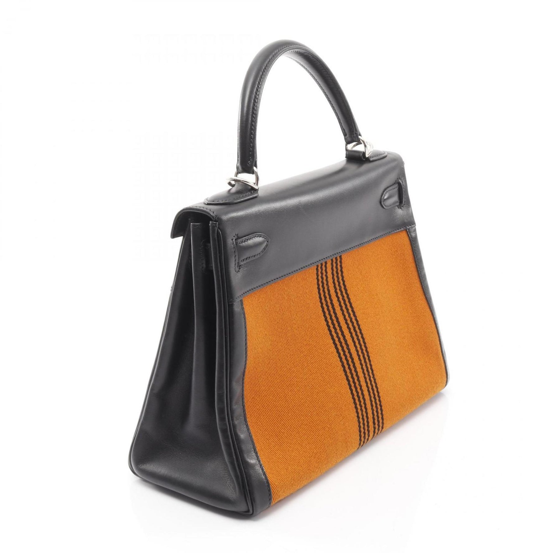 Hermes Hermès Kelly 28 handbag in calfskin toile Potamos box calf leather. Available black and orange.