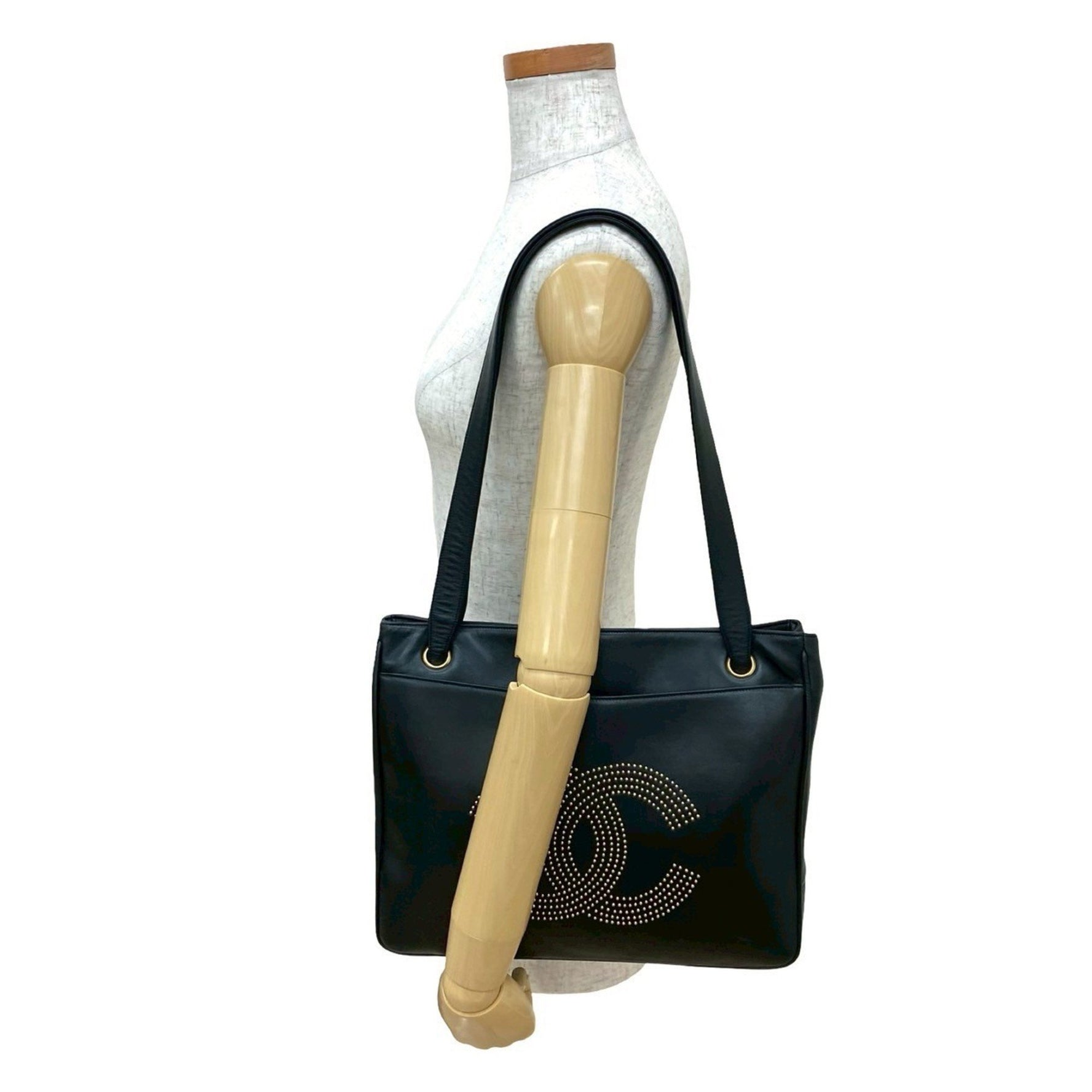 CHANEL Coco Mark Studded Leather Tote Bag/Semi-Shoulder Bag in