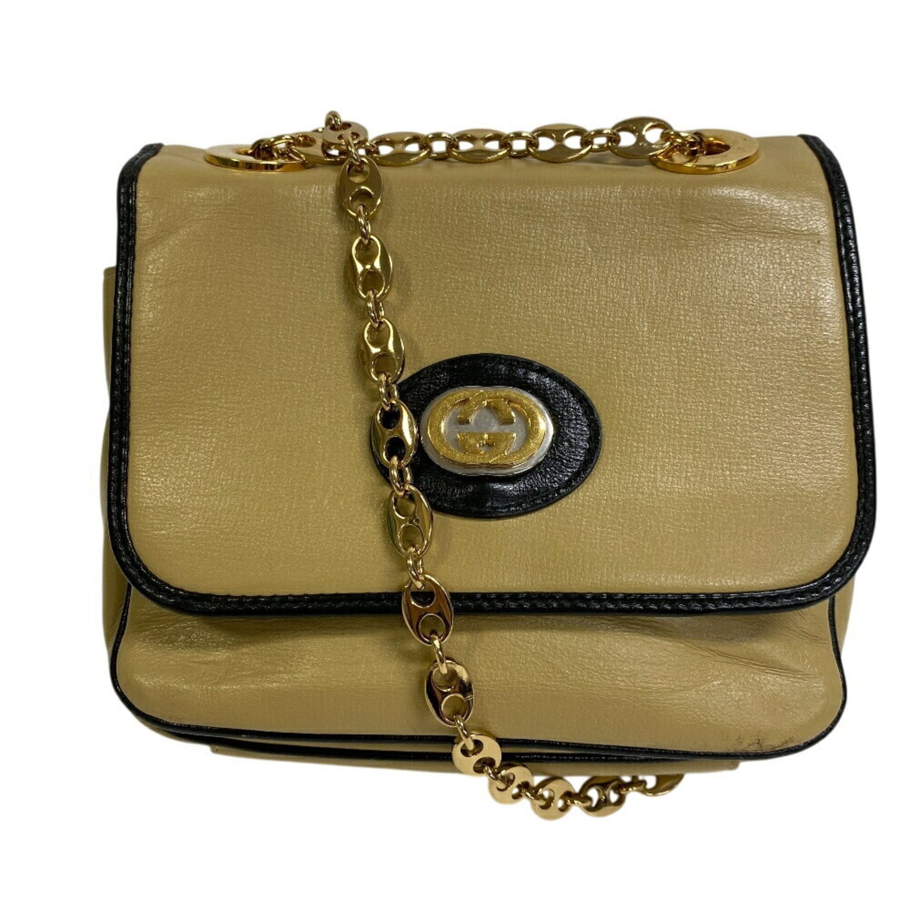 GUCCI Chain Handbag Flap Interlocking G Shoulder Bag Beige