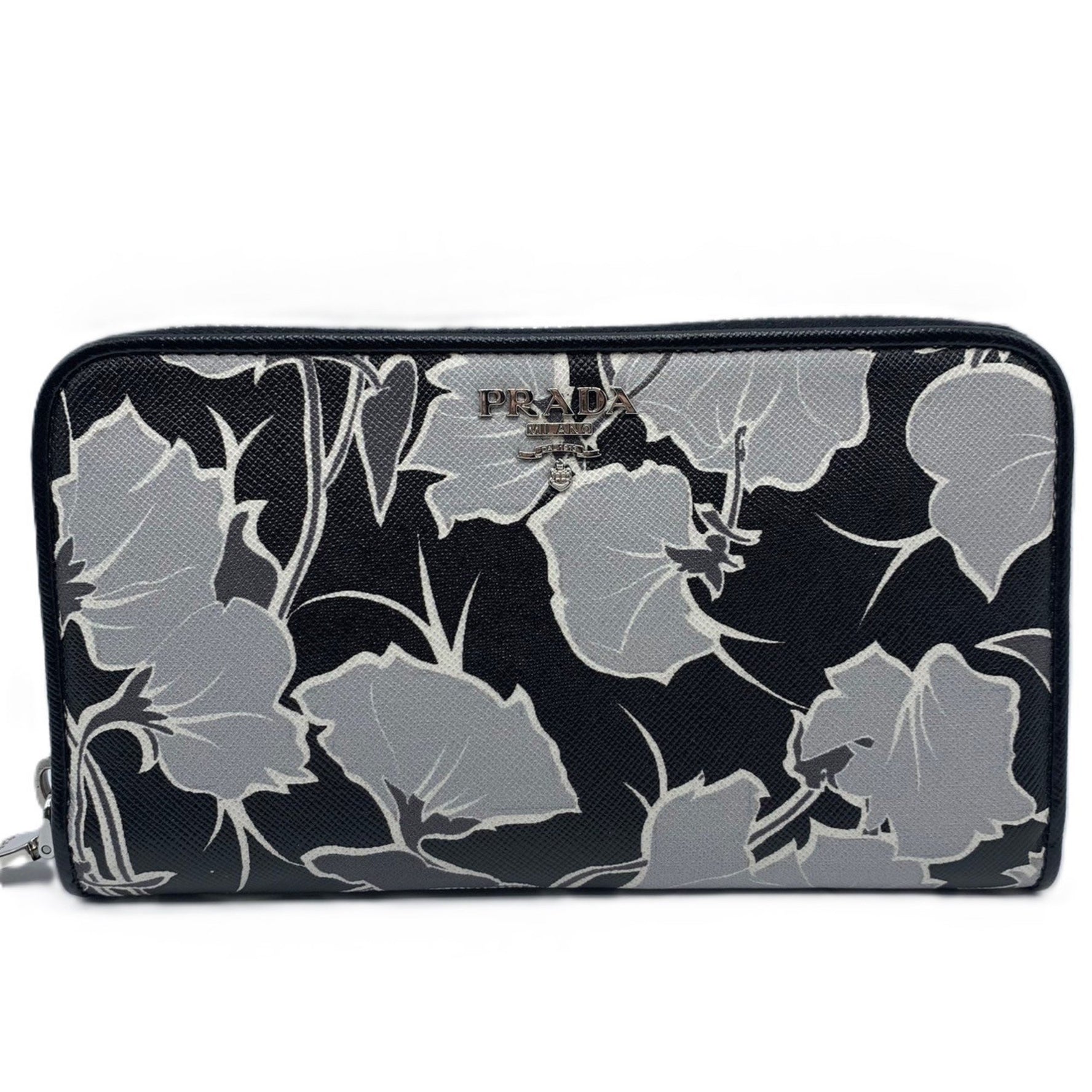 Prada Saffiano Print Round Long Wallet Black x Grey 1ML506 PRADA