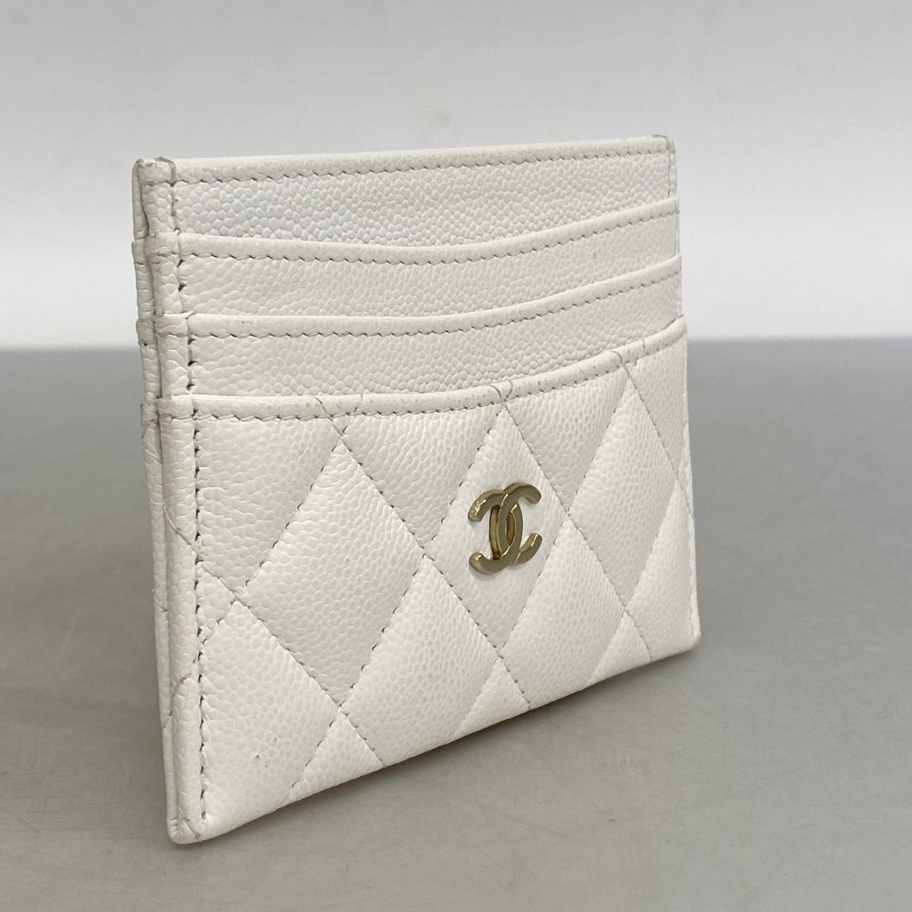 Chanel Matelasse Business Card Case in Caviar Leather, White, Champagne, Women's