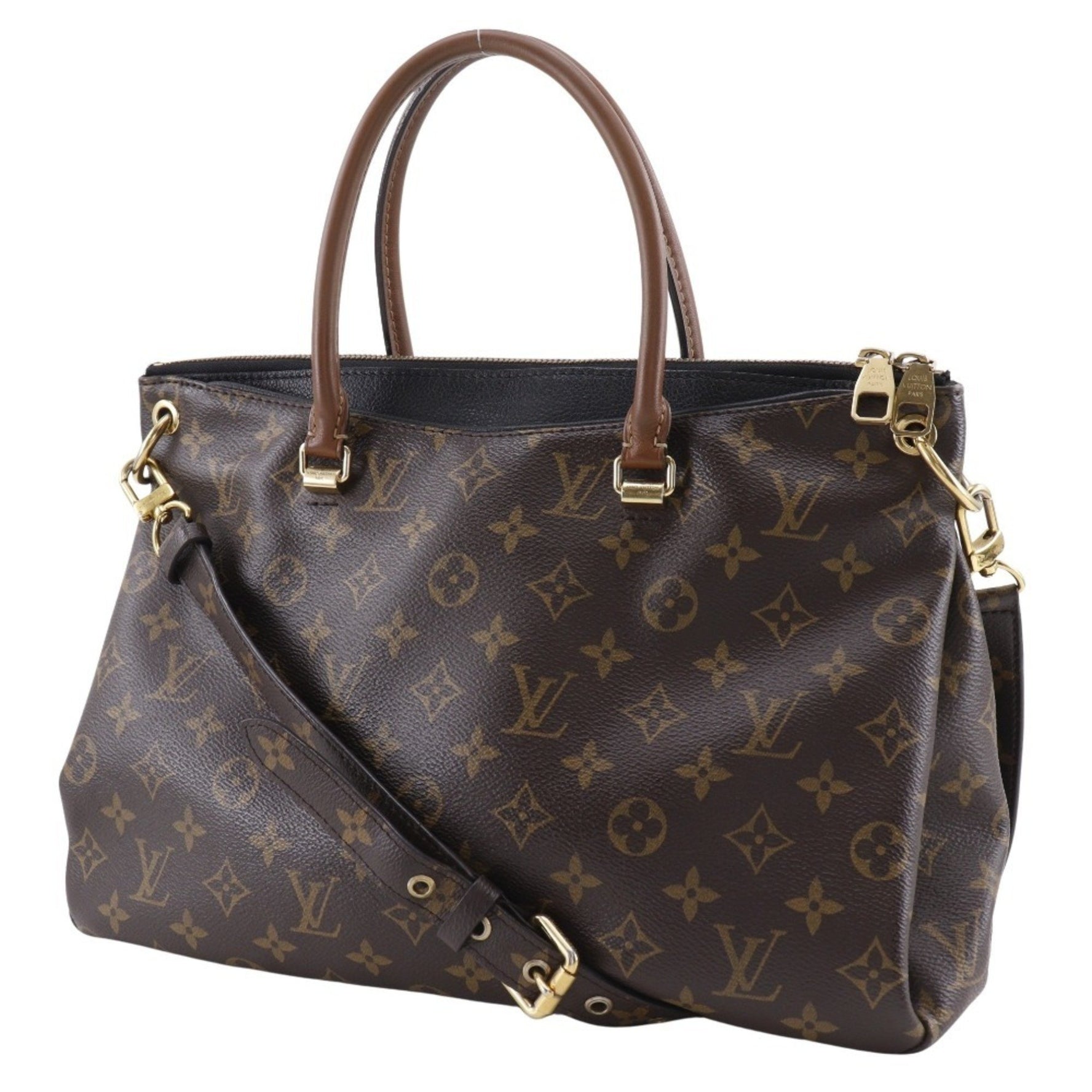 Louis Vuitton Pallas Handbag Shoulder Bag Monogram Canvas Noir Made in USA 2015 Brown Double