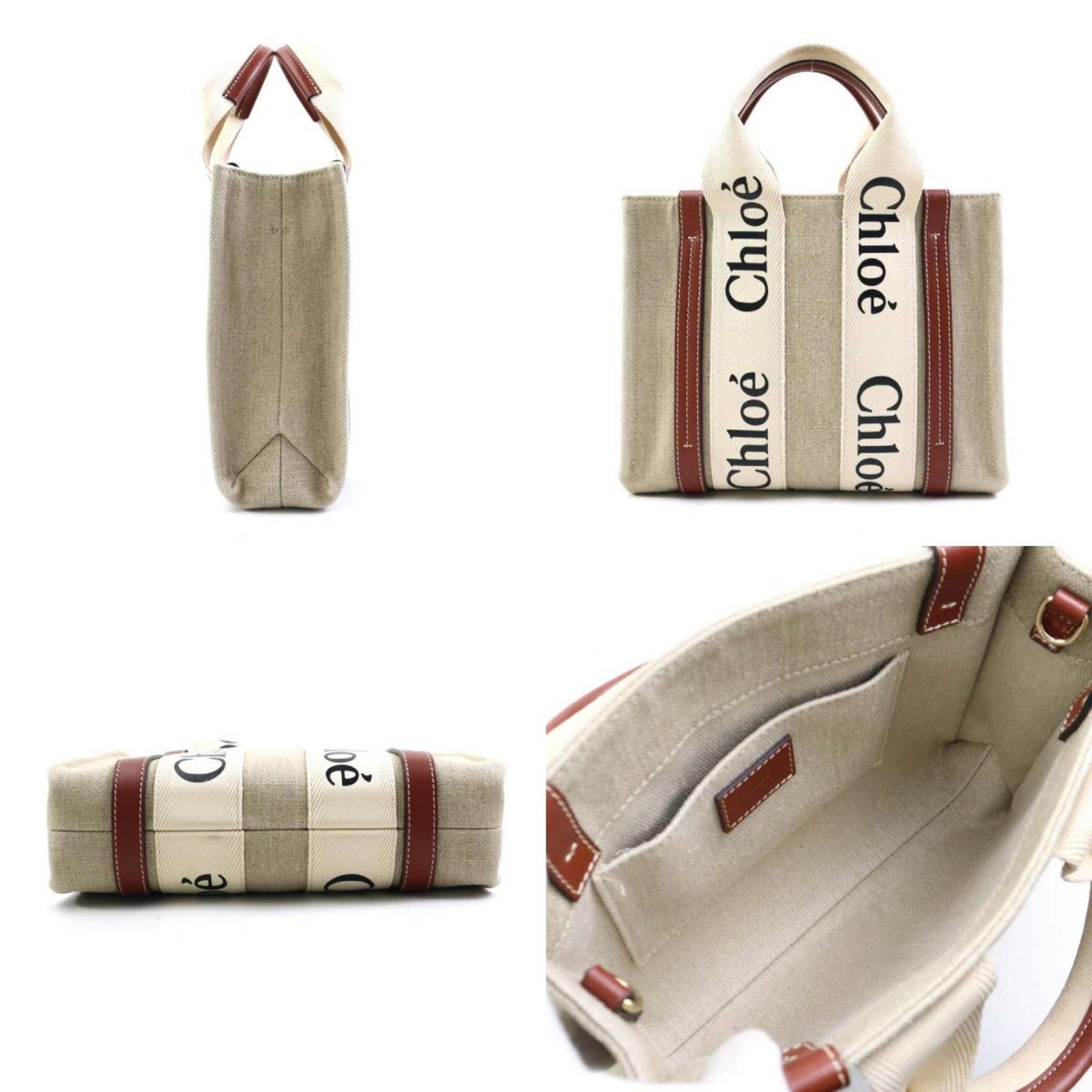 Chloé Chloe Handbag Shoulder Bag WOODY Small Canvas Leather Beige x Brown
