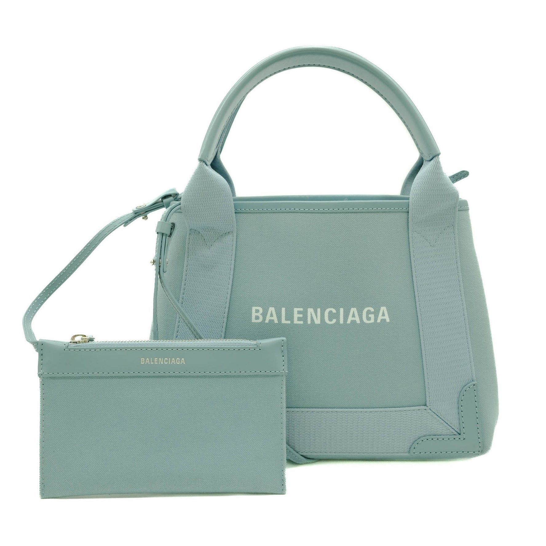 BALENCIAGA Navy Cabas XS Tote Bag Leather Canvas Women's Light Blue