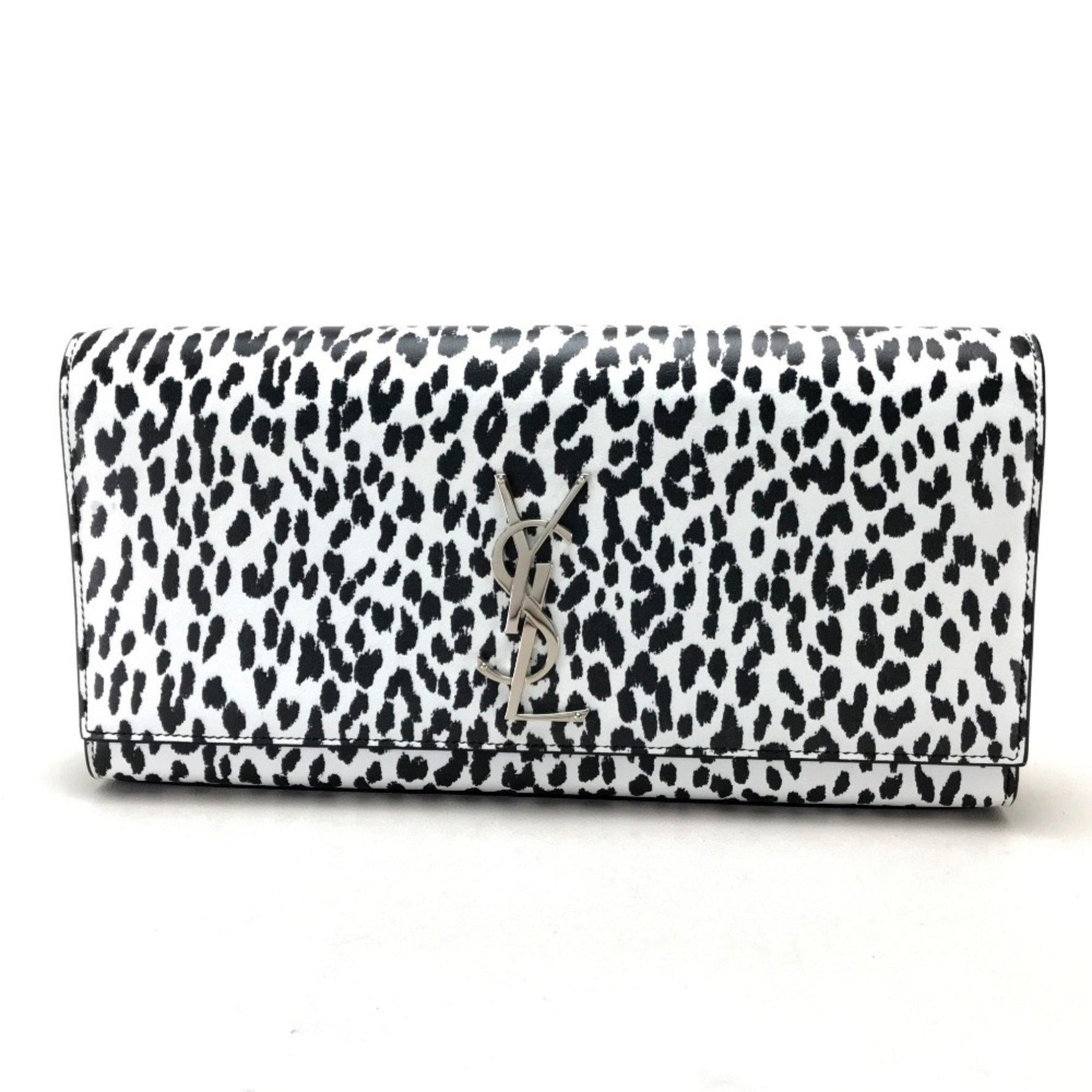 SAINT LAURENT Saint Laurent Paris Cassandra Leopard Bag Clutch Calf Leather Women's White Black
