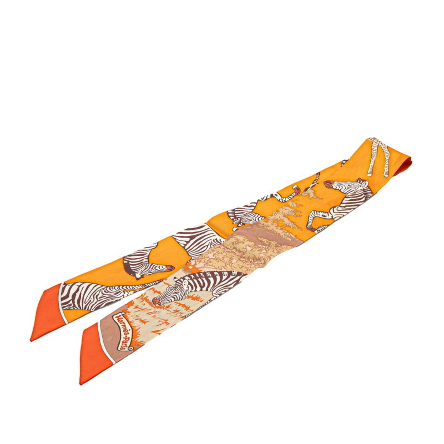 Hermes Hermès Twilly "Les Zebras" Zebra Scarf, Orange Multicolor Silk
