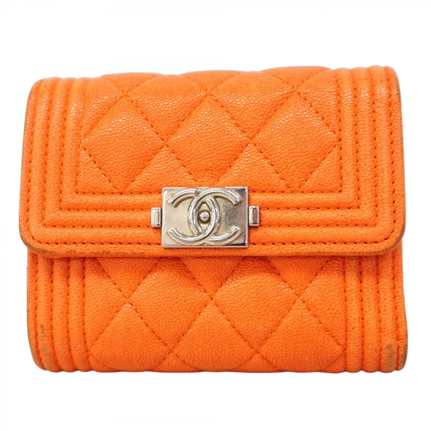 Chanel Boy Tri-fold Wallet in Orange Caviar Skin for Women