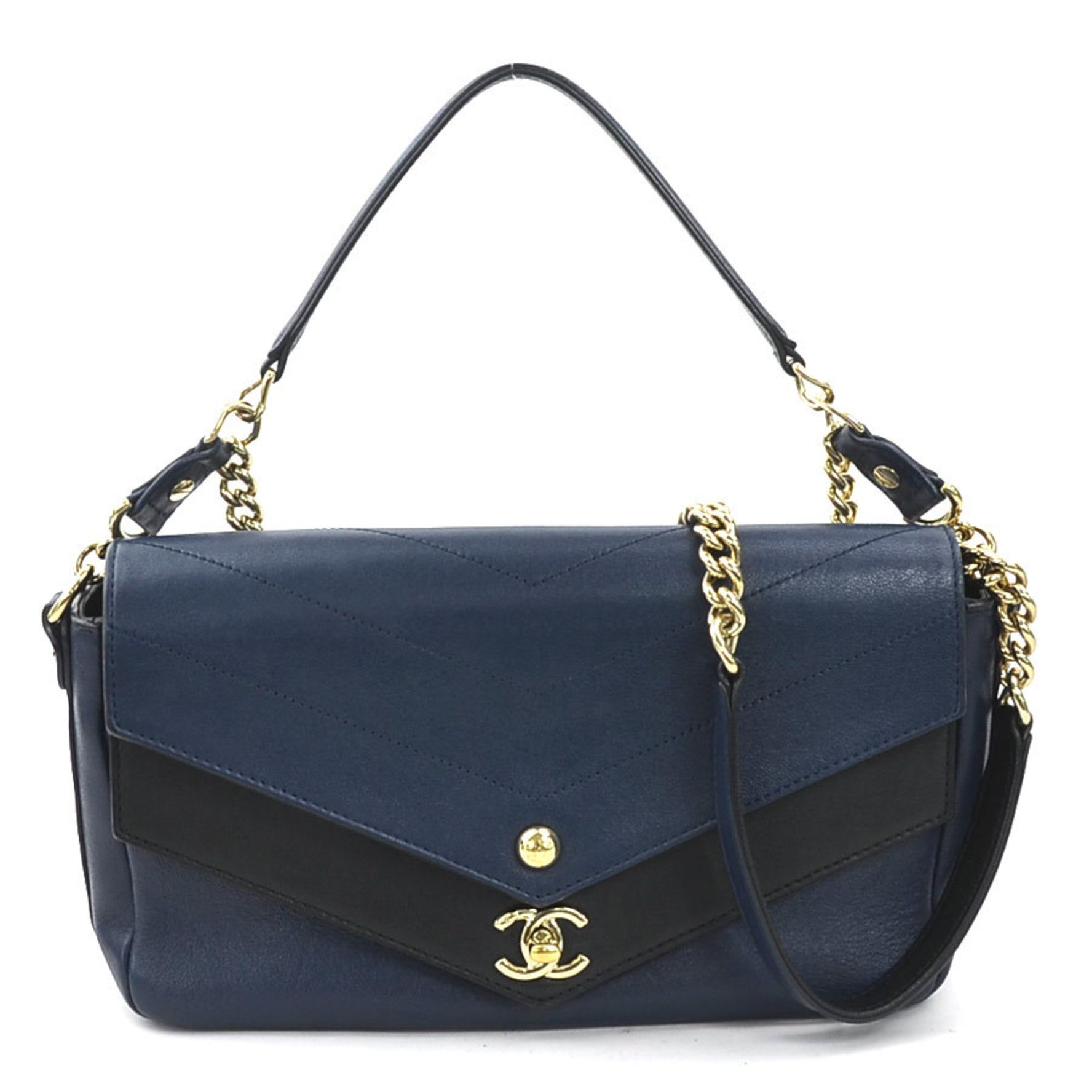 CHANEL Handbag Shoulder Bag V Stitch Leather Navy Black Gold