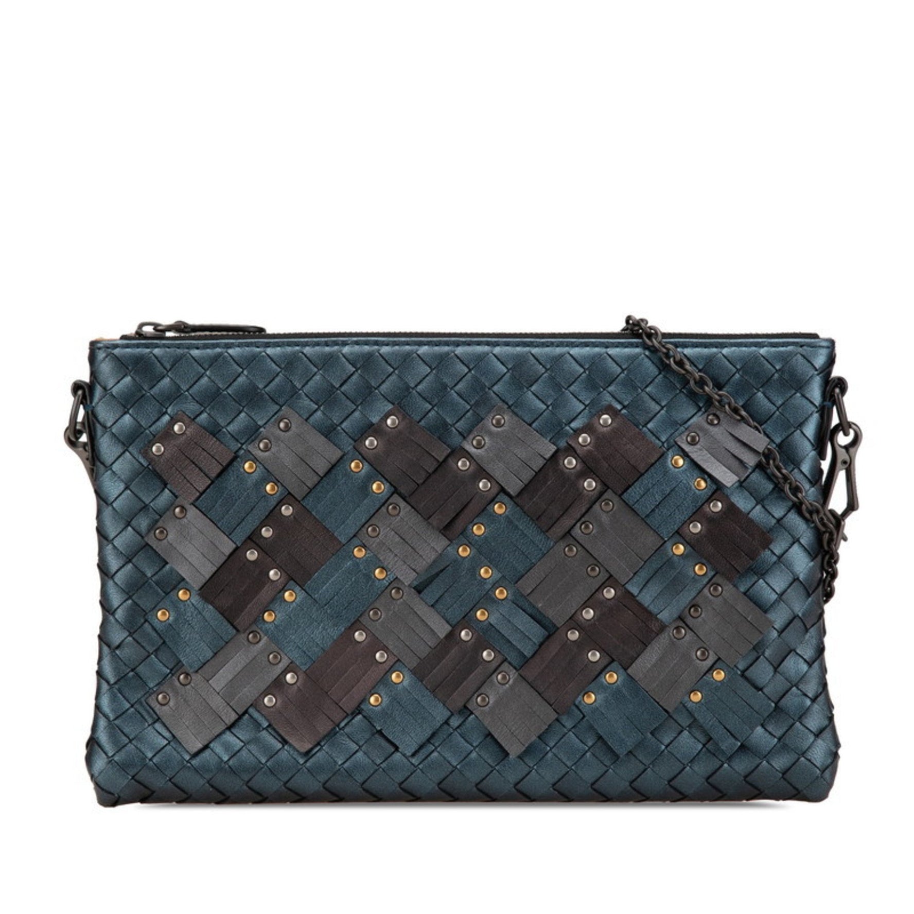 Bottega Veneta Intrecciato Studded Chain Shoulder Bag Navy Brown Leather BOTTEGAVENETA