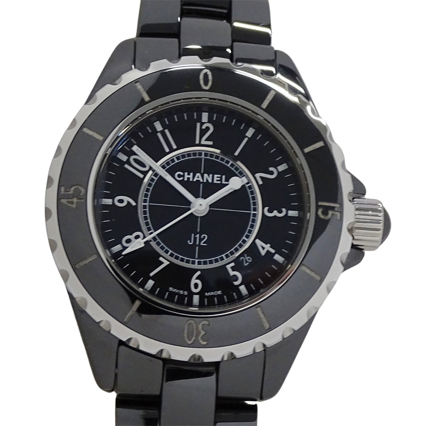 CHANEL Watch Date Quartz QZ Stainless Steel Black Ceramic Polished