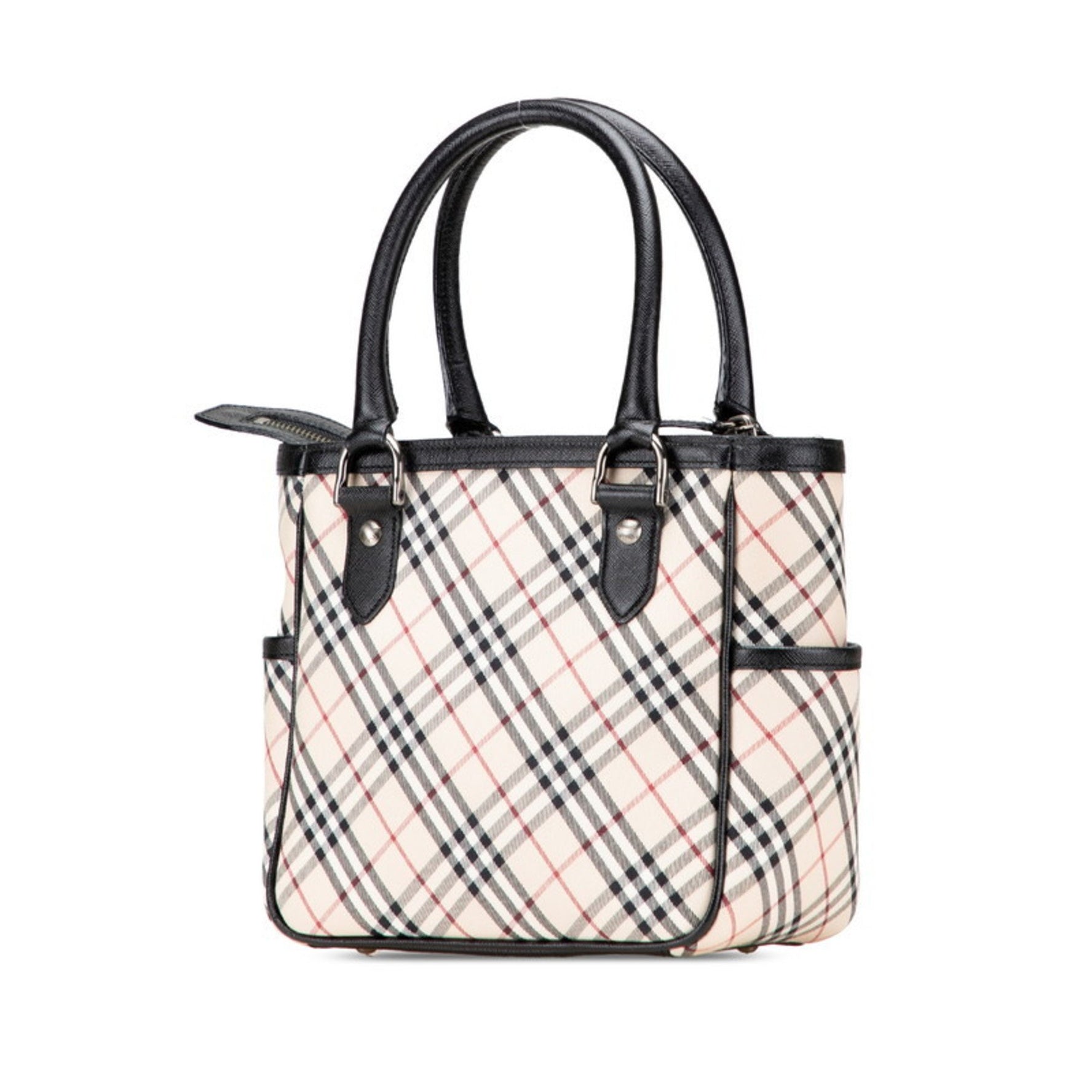 Burberry Nova Check Handbag in Beige, Black, and Red Canvas Leather .