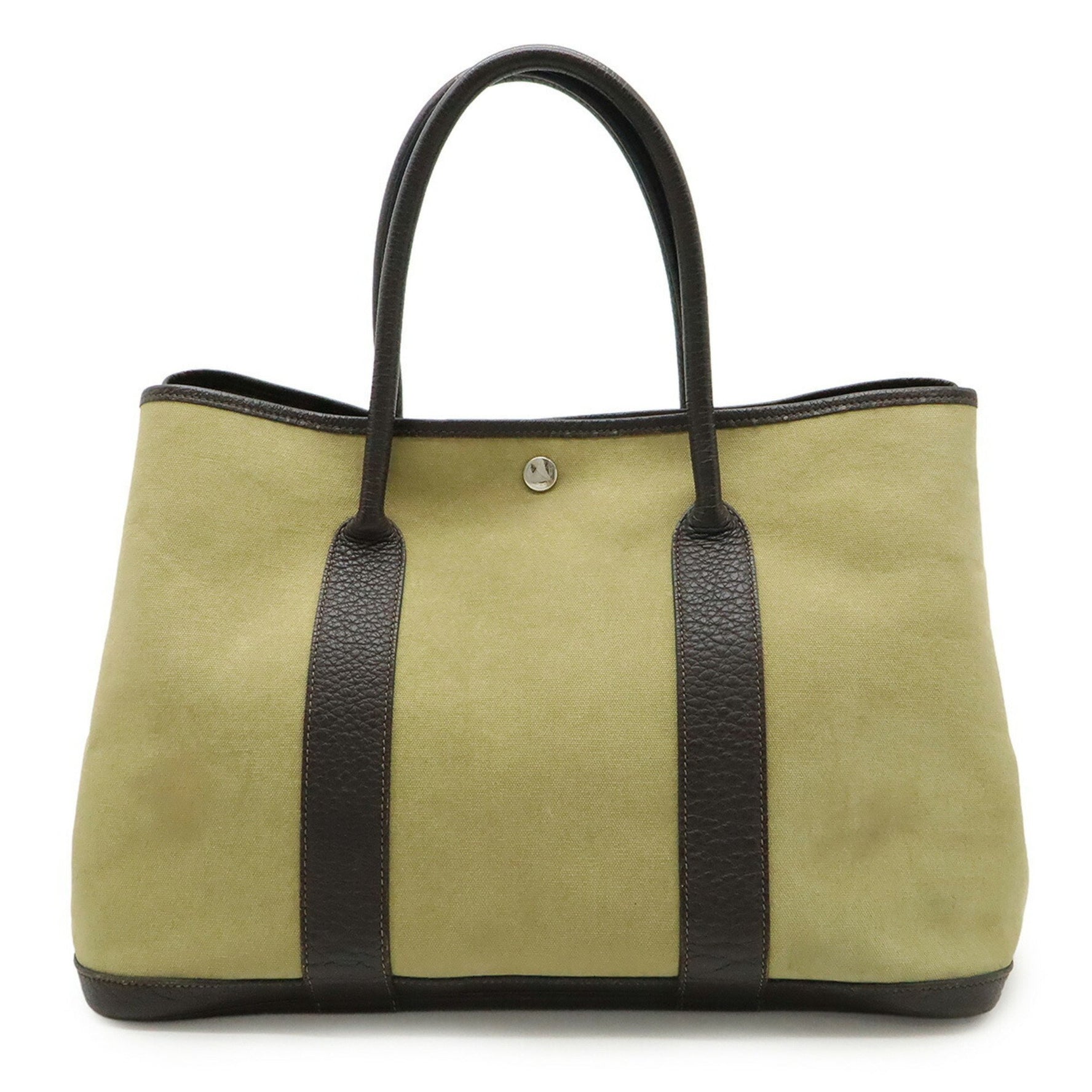 HERMES Garden PM Tote Bag, Toile Officier Canvas and Leather, Khaki, Green, Dark Brown, T Stamp