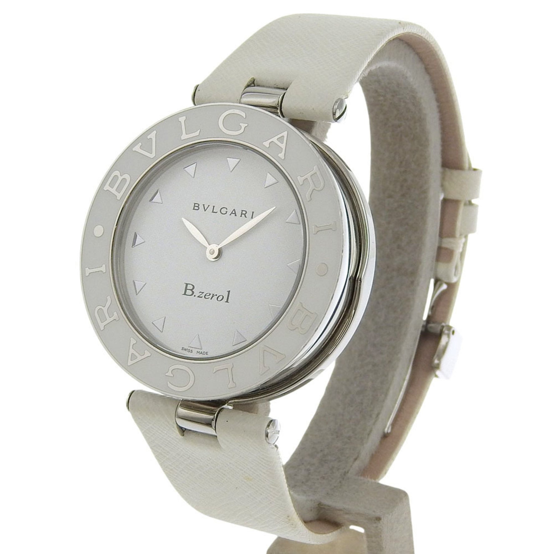 BVLGARI Watch, Stainless Steel and Leather, Quartz Movement, Analog Display, White Dial