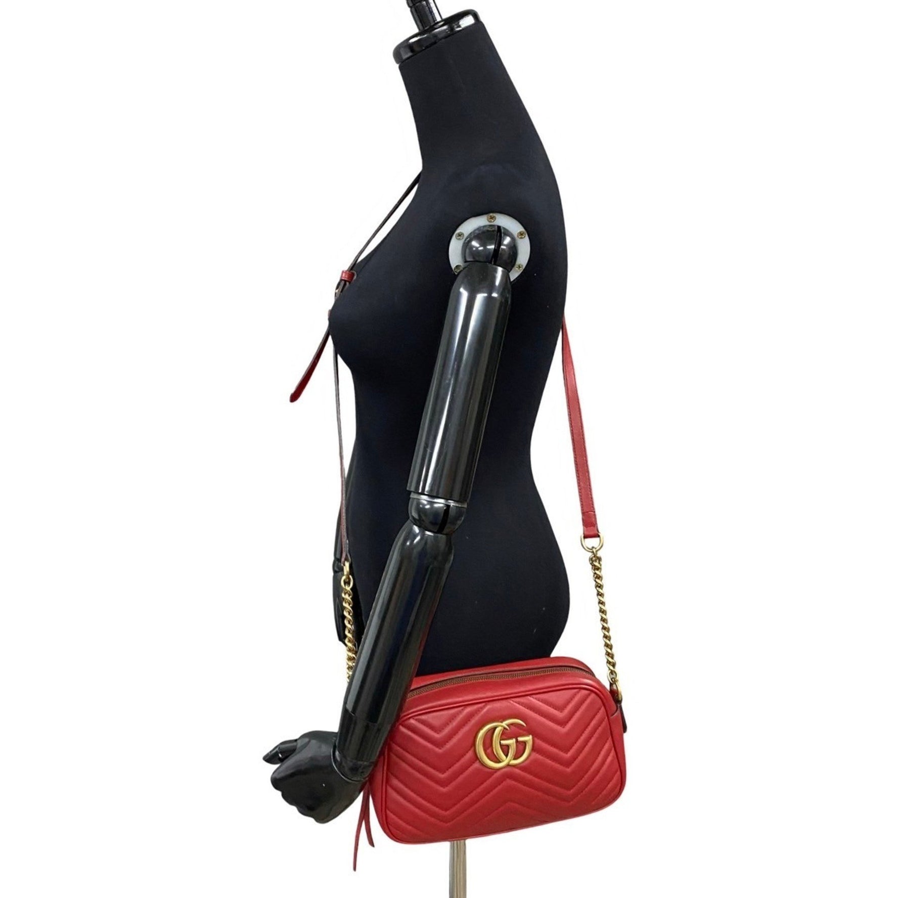 GUCCI GG Marmont logo hardware, genuine leather, chain, mini shoulder bag, pochette, red, 67--1