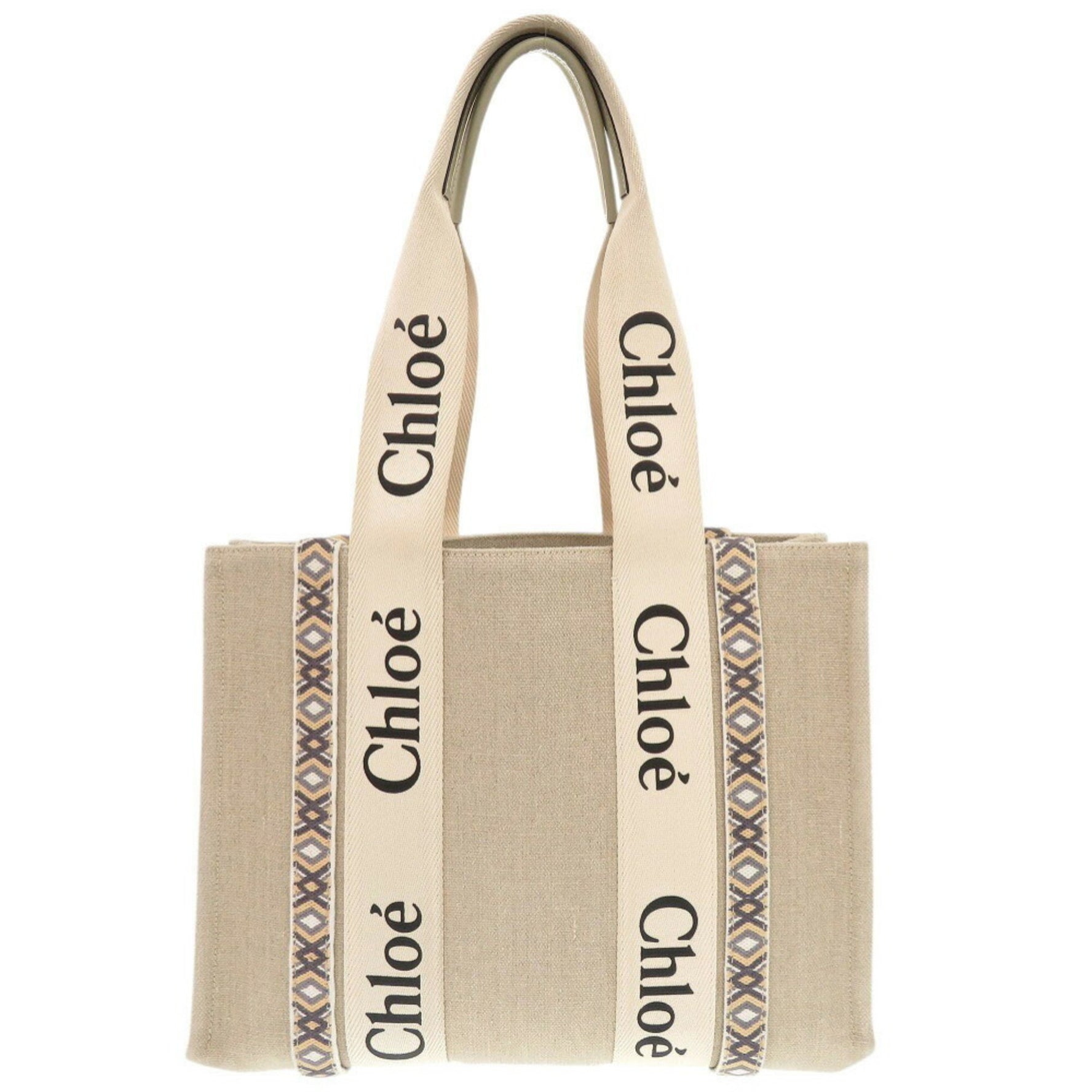 Chloé Chloe WOODY Medium Leather Linen Canvas Tote Bag Shoulder