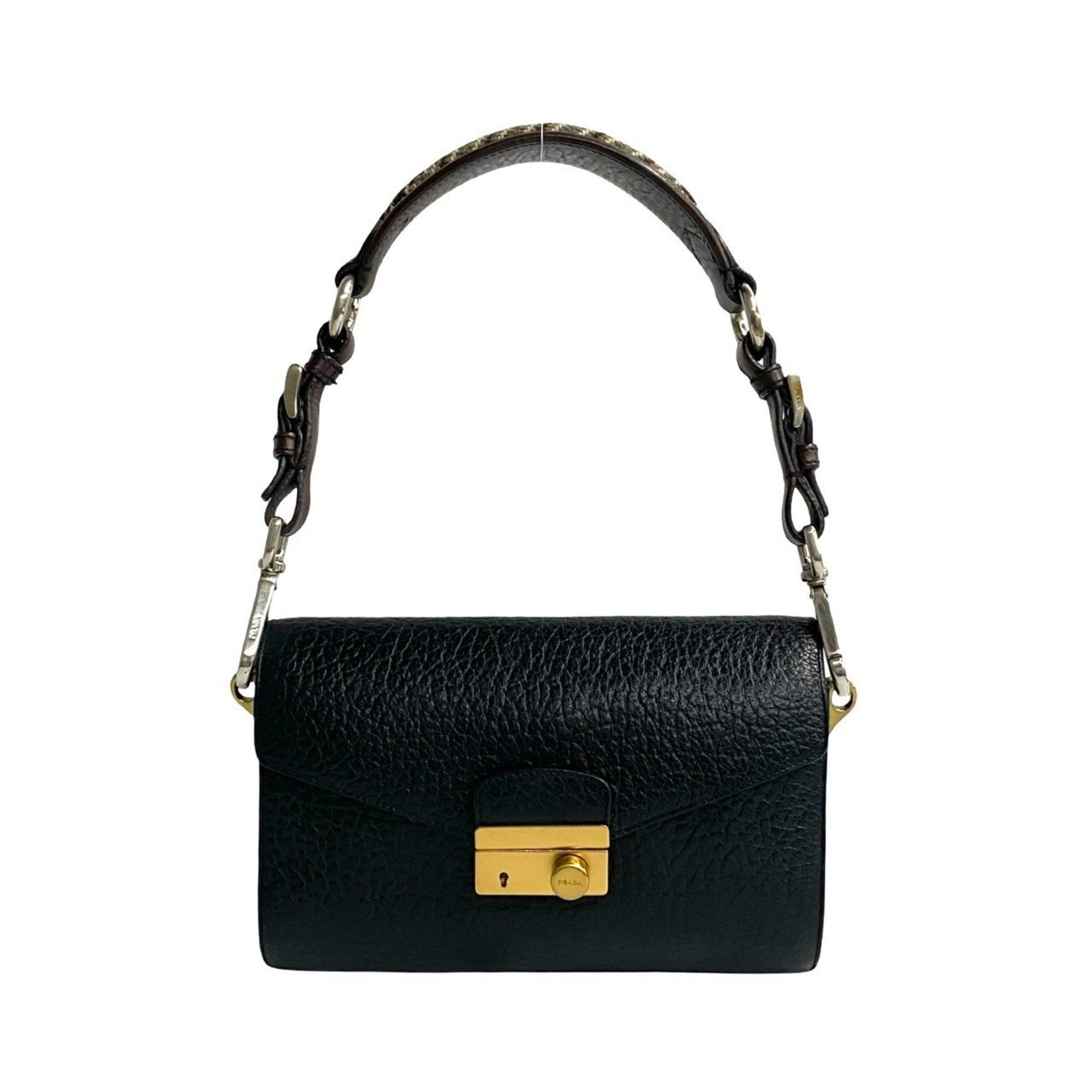 PRADA logo hardware leather tweed semi-shoulder bag mini handbag black brown