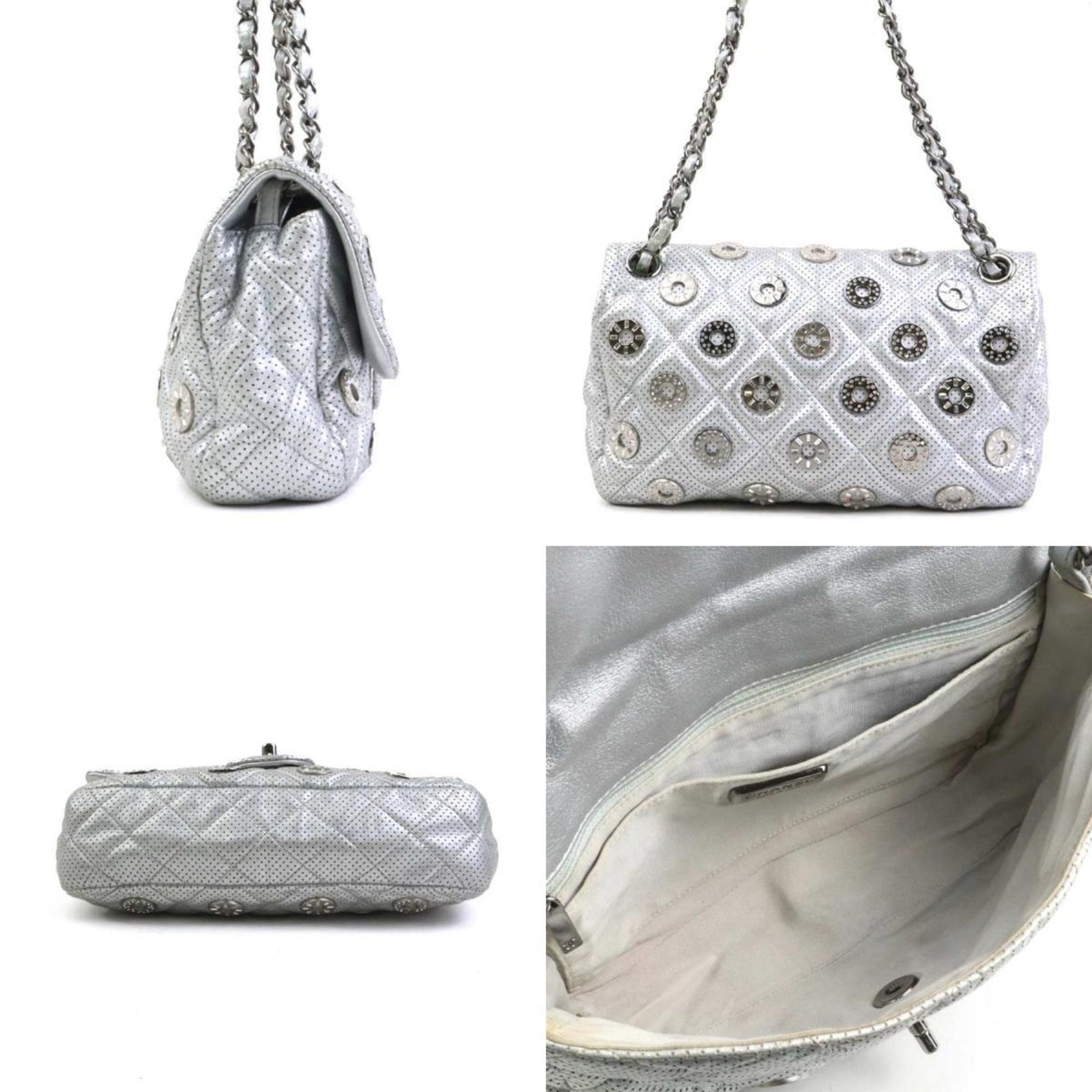 CHANEL Shoulder Bag Leather Metal Rhinestone