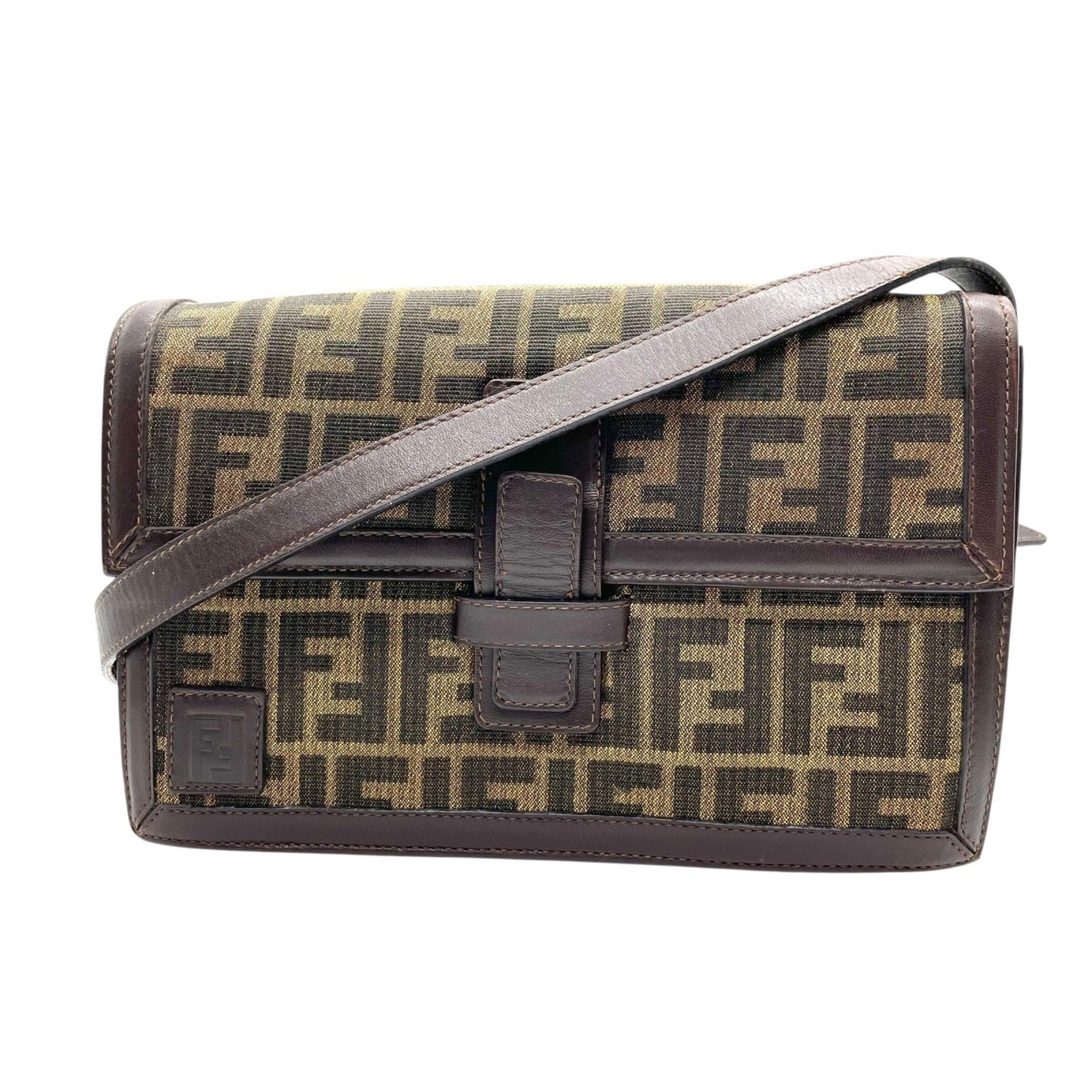 FENDI Zucca pattern shoulder bag in khaki and brown canvas leather with gold hardware. FF pattern. Can be worn crossbody.