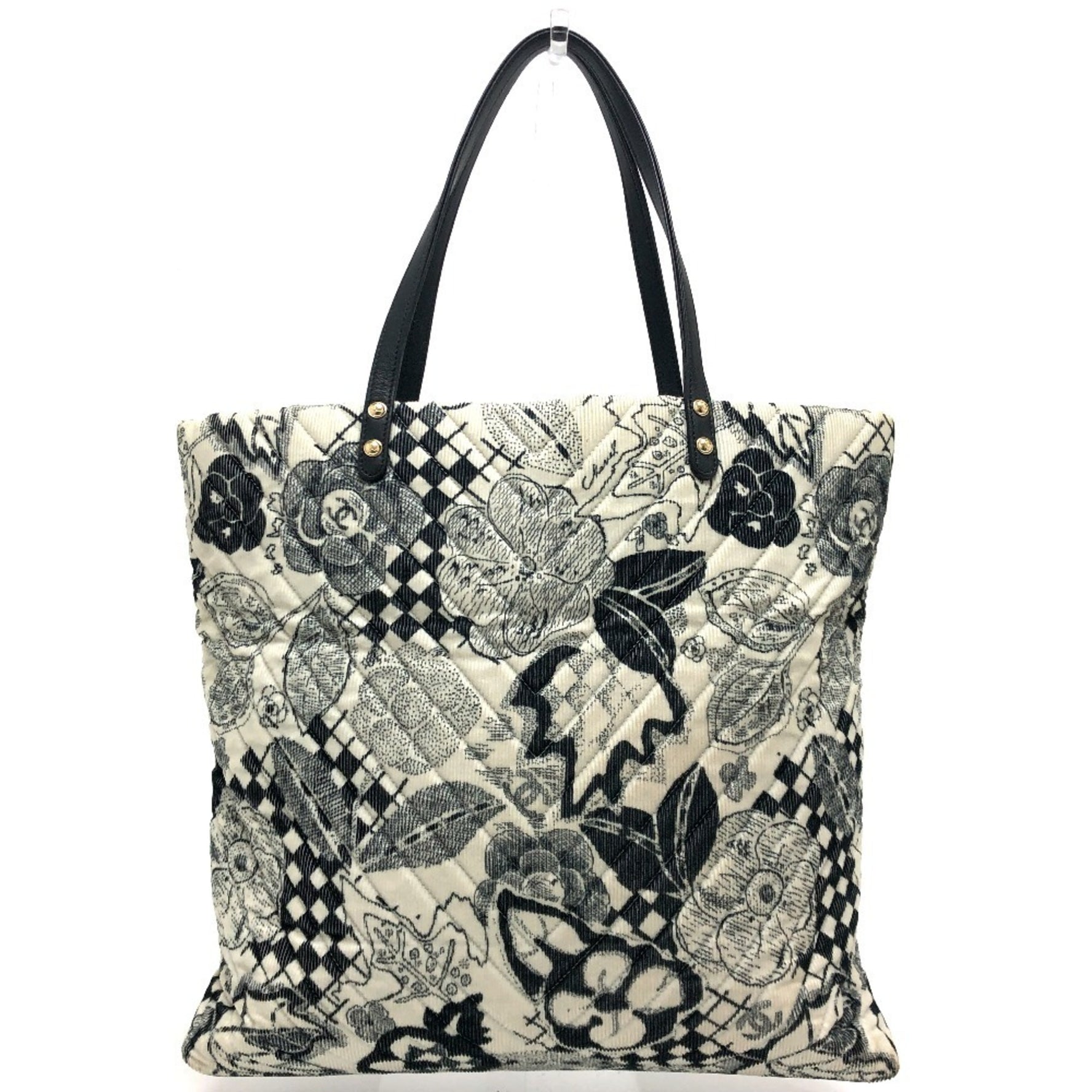 CHANEL Camellia Bag Chevron Corduroy Shoulder Ribbon Handbag Tote Canvas White