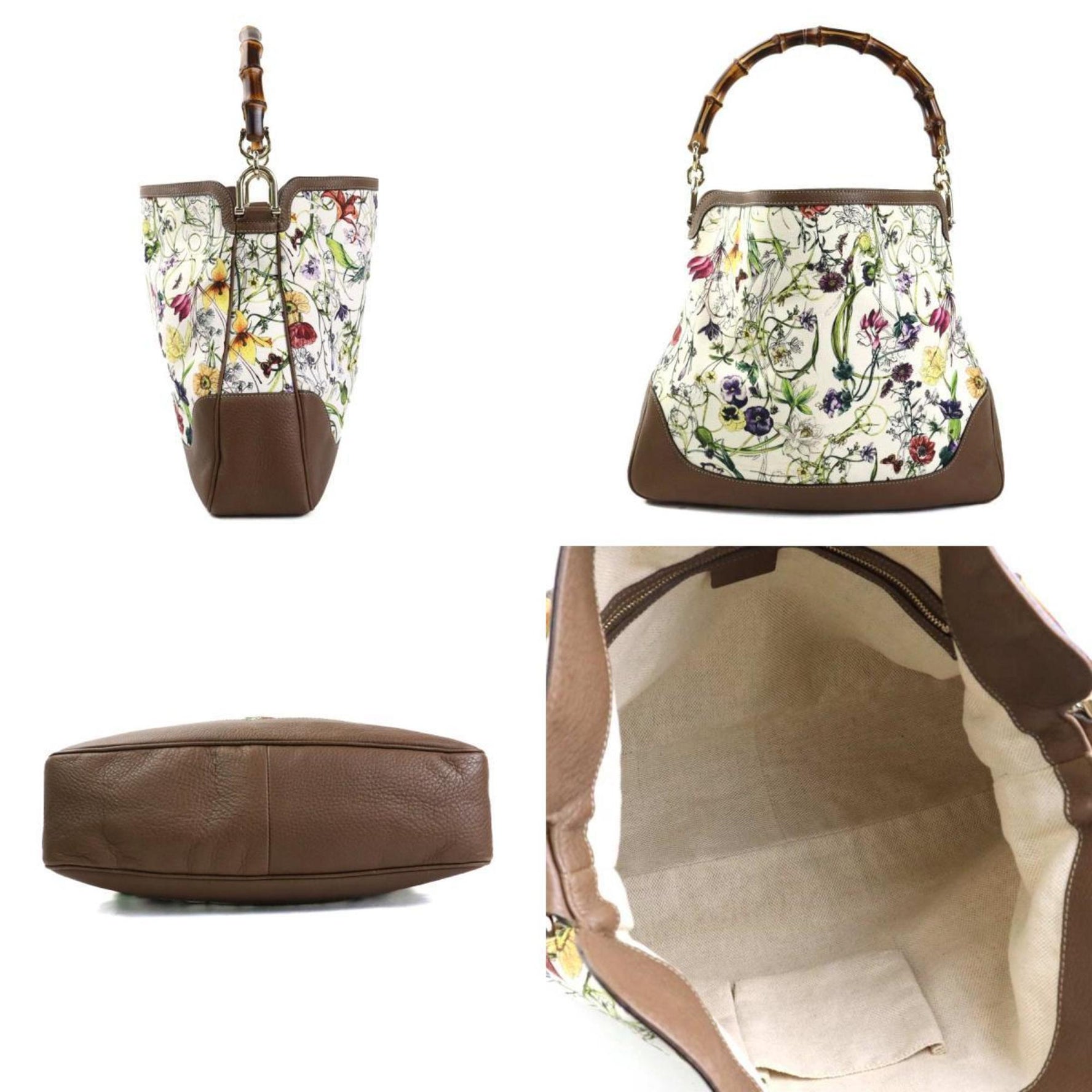 GUCCI Handbag Shoulder Bag Bamboo Flora Canvas Leather Brown x Ivory Multicolor Women's t19650g
