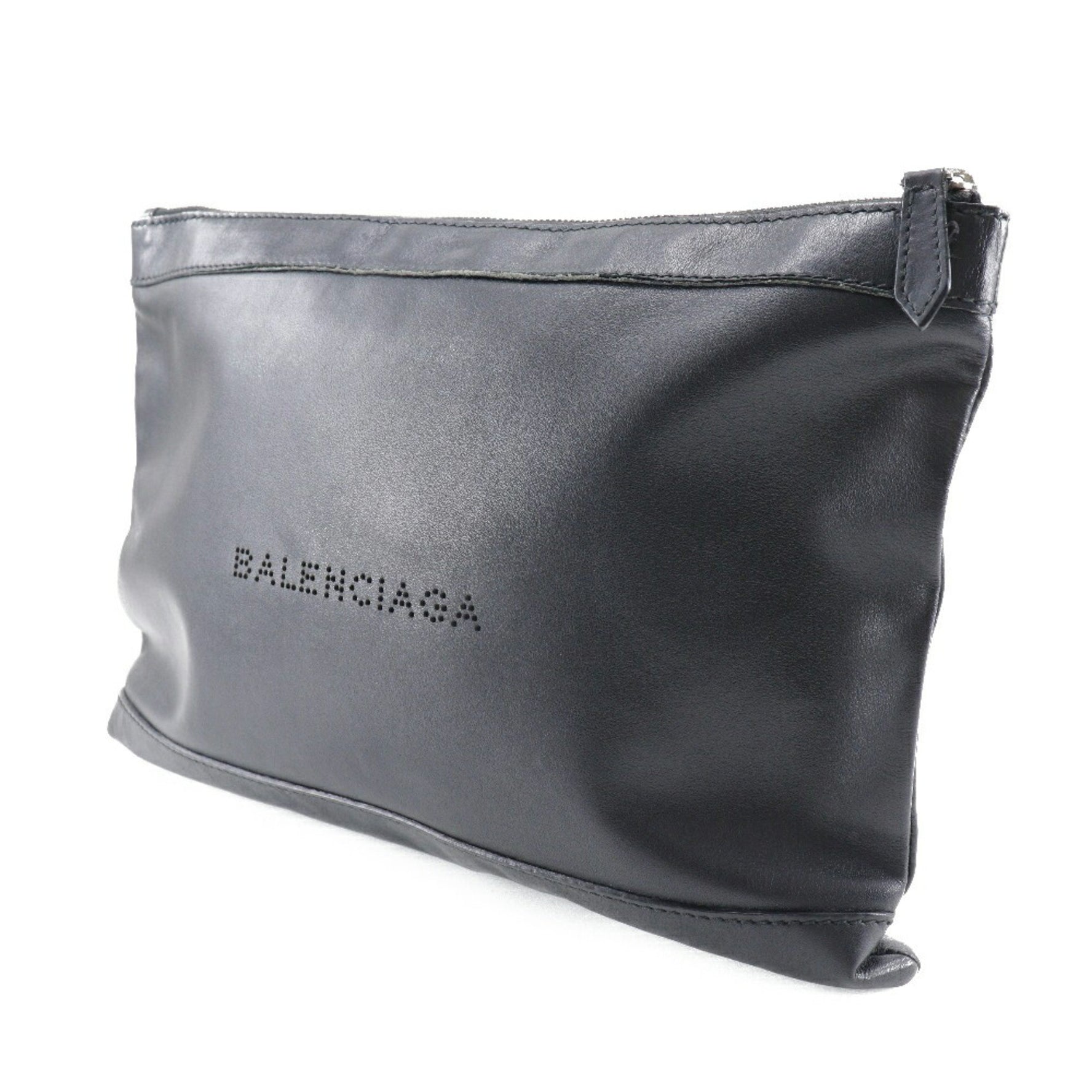 BALENCIAGA Navy Clip M Clutch Bag Lambskin Made in Italy Black A5 Zipper clip Unisex