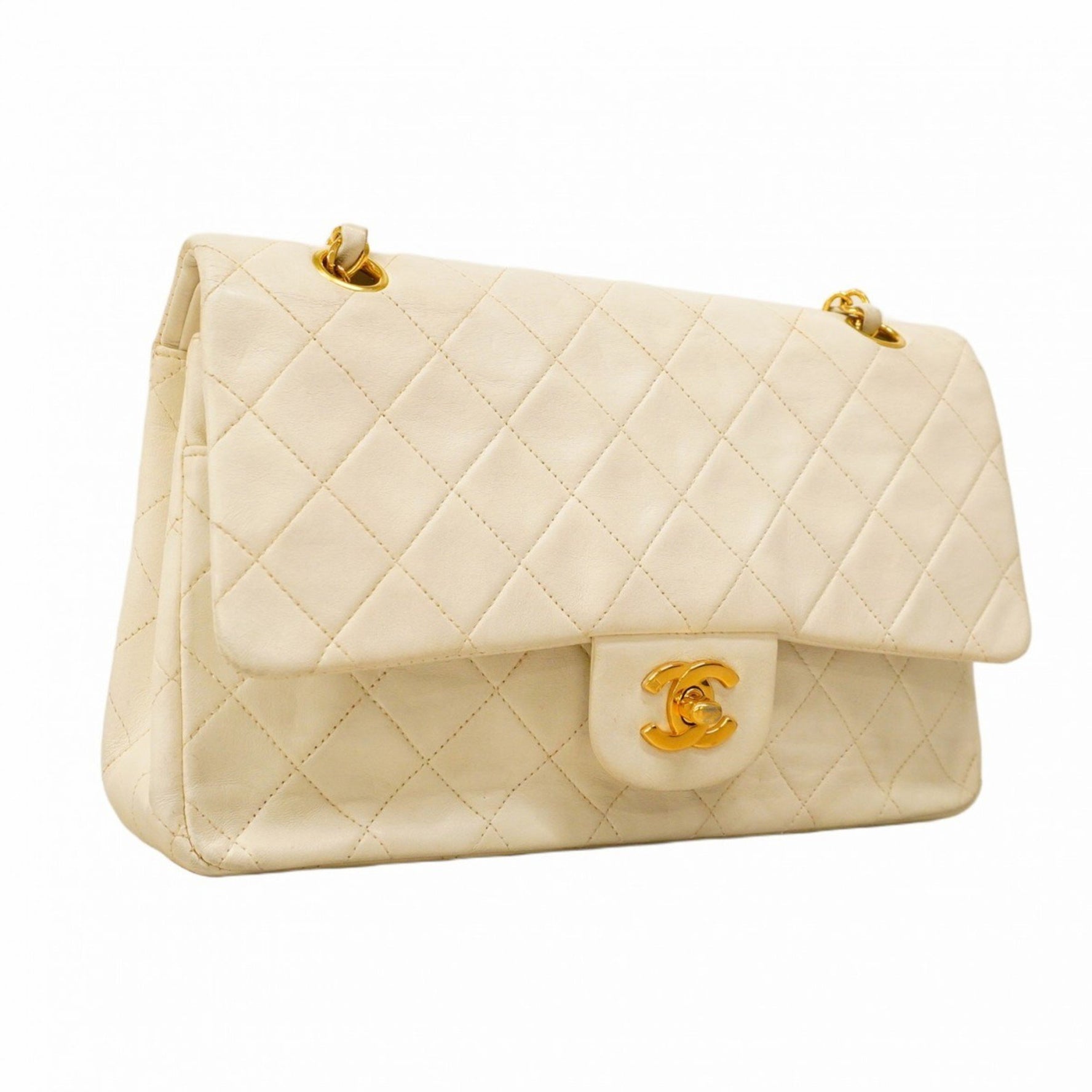 Chanel Matelasse Shoulder Bag with Double Flap and Chain, Lambskin, White, Women's