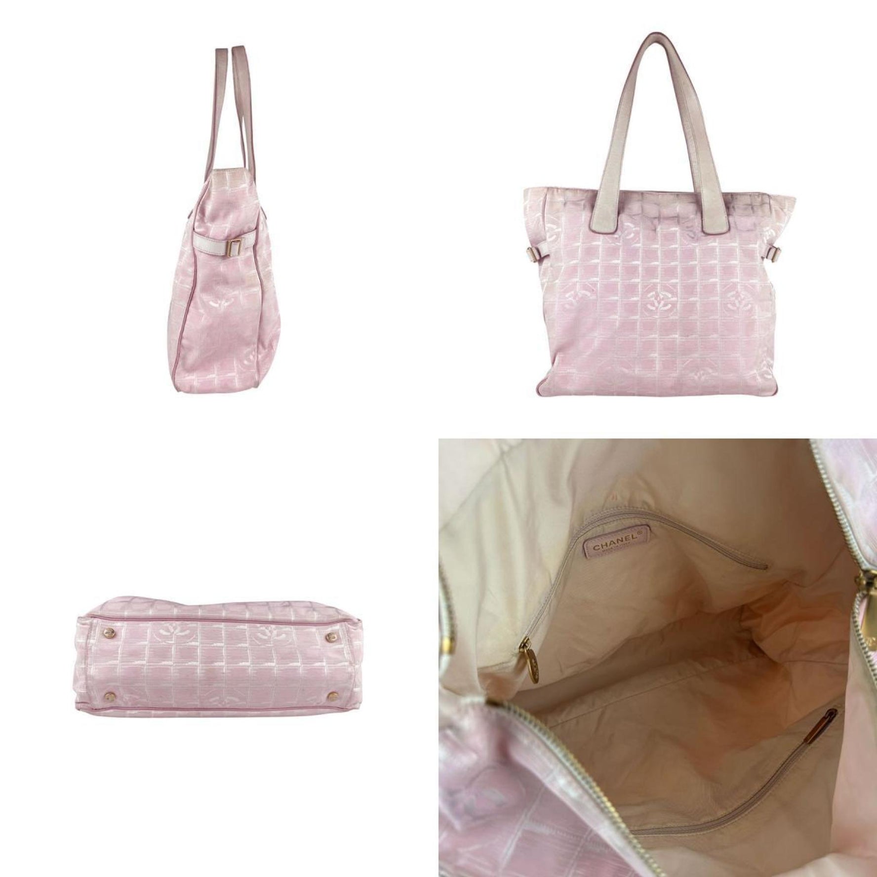 Chanel New Travel Line Shoulder Bag, Nylon Jacquard and Leather, Pink White