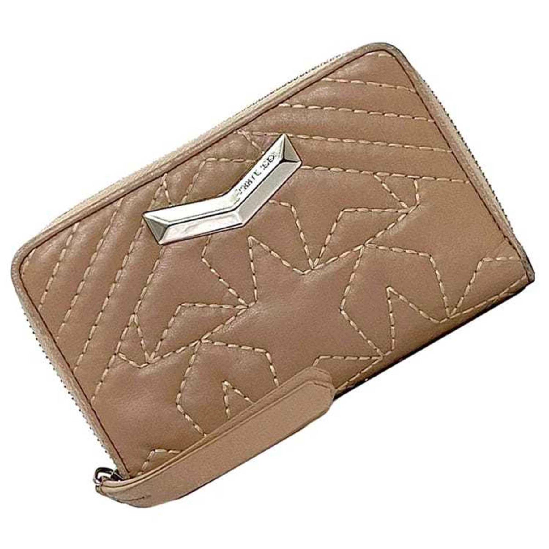 Jimmy Choo Mini Round Wallet Pink Beige Nefer Leather Star Stitch Compact