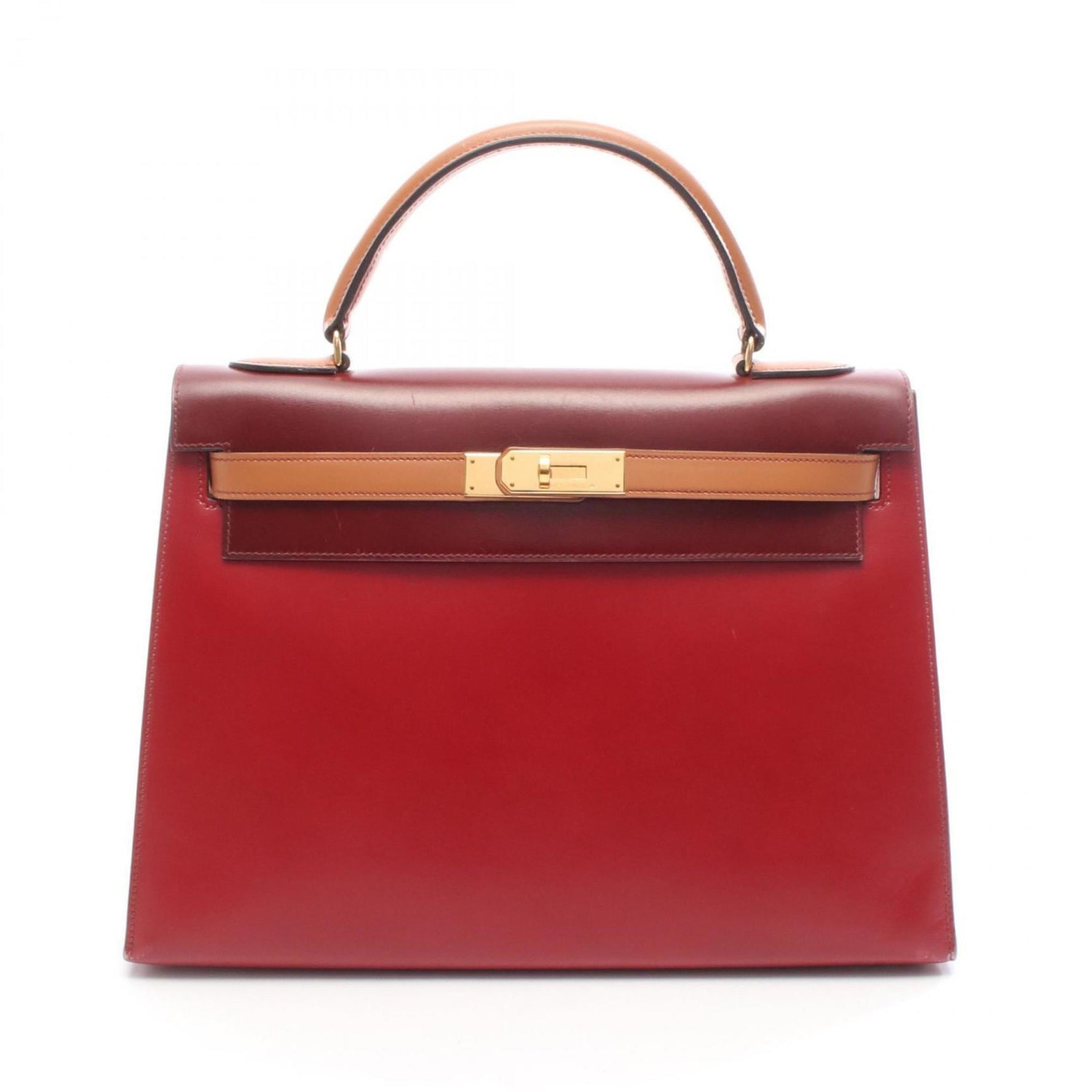 Hermes Hermès Kelly 32 Tricolore Rouge Vif H Natural Handbag Bag in Box Calf Leather (Cowhide) for Women, Red, Bordeaux, and Brown
