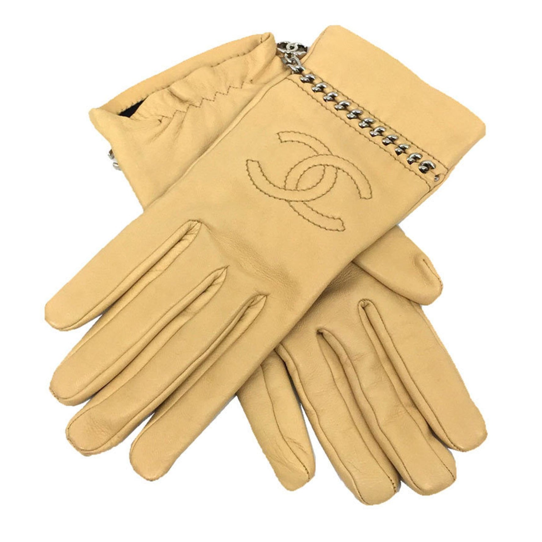 CHANEL Leather Gloves Coco Mark Chain Beige Nappa Women's Small Chanel aq9901