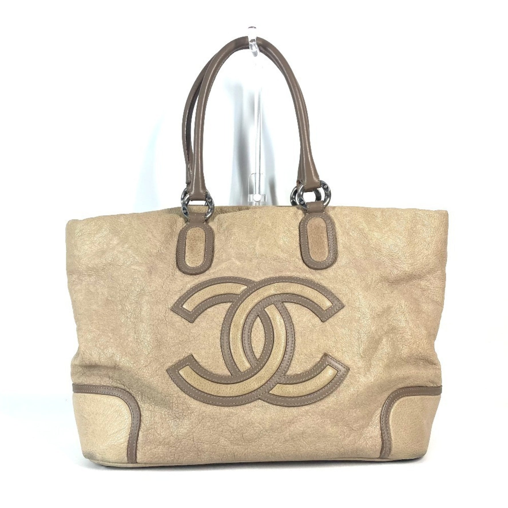 CHANEL Deka Coco CC Logo Shoulder Bag Tote Leather Women's Beige