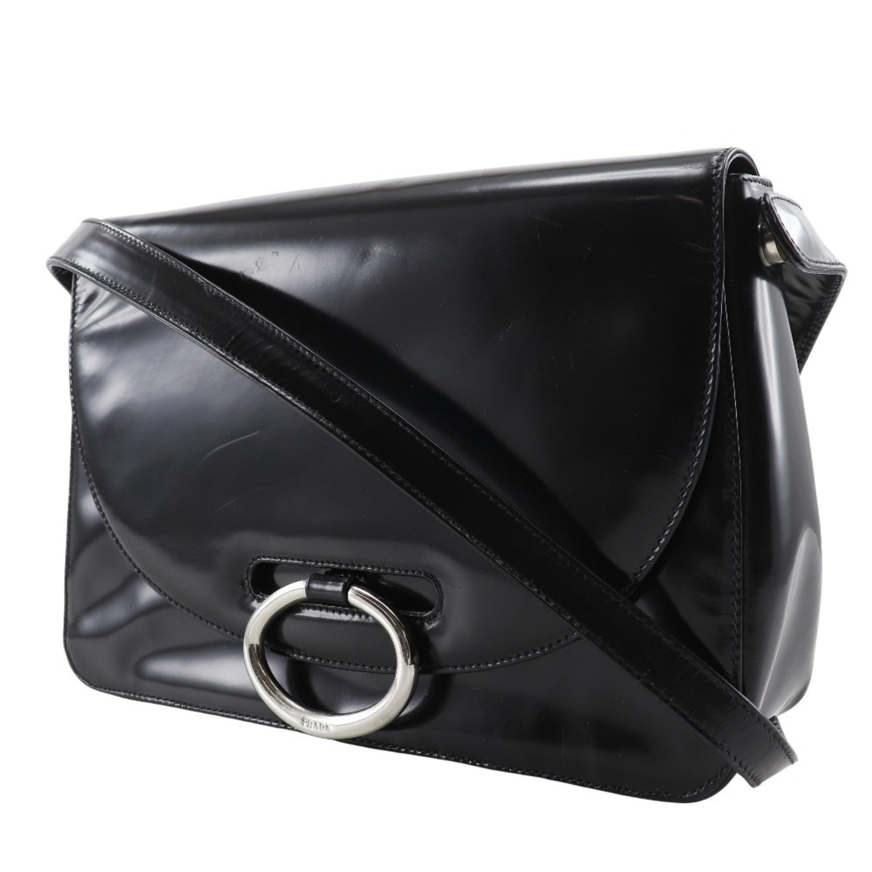 PRADA Patent Leather Black Flap Shoulder Bag One Belt Women's