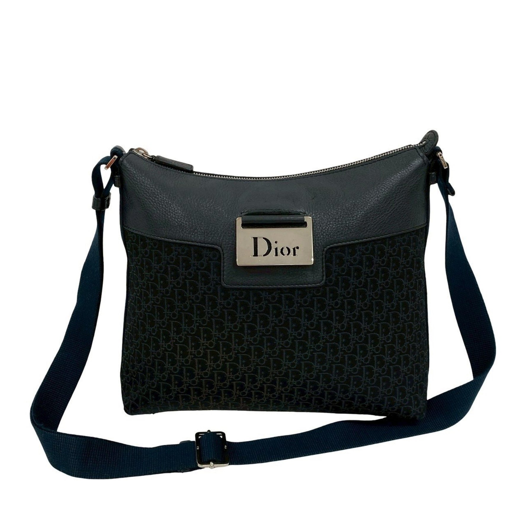 Christian Dior Black Shoulder Bag with Trotter Pattern, Genuine Leather and Canvas, Logo Hardware