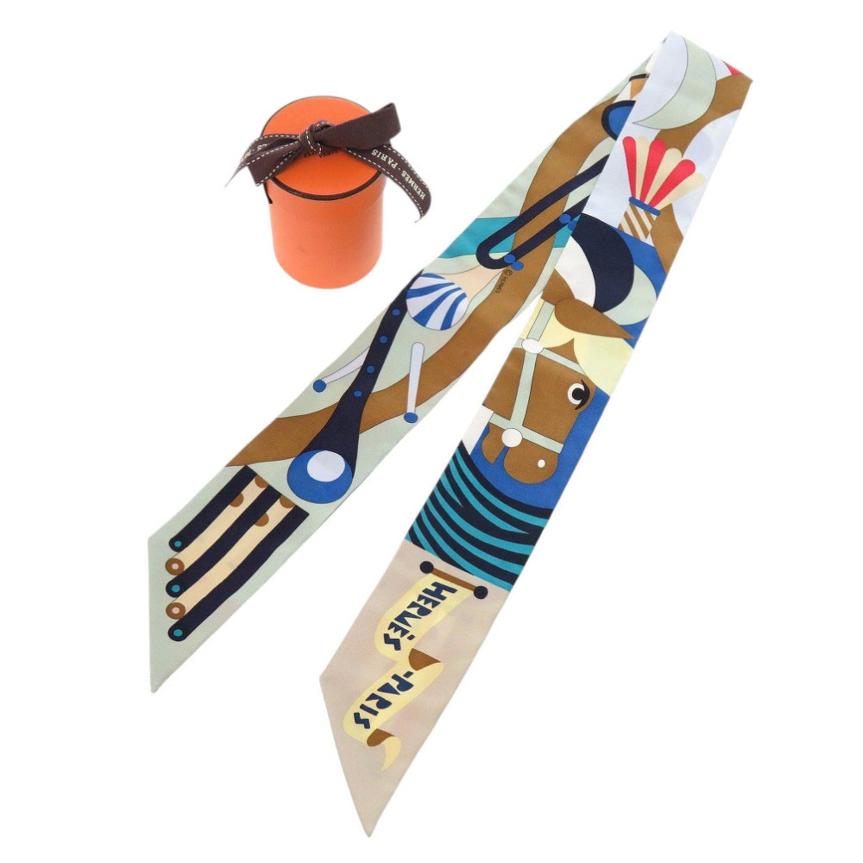 Unused Hermès Twilly "Parade en Fanfare" Silk Blue Scarf/Muffler, 1246 HERMES