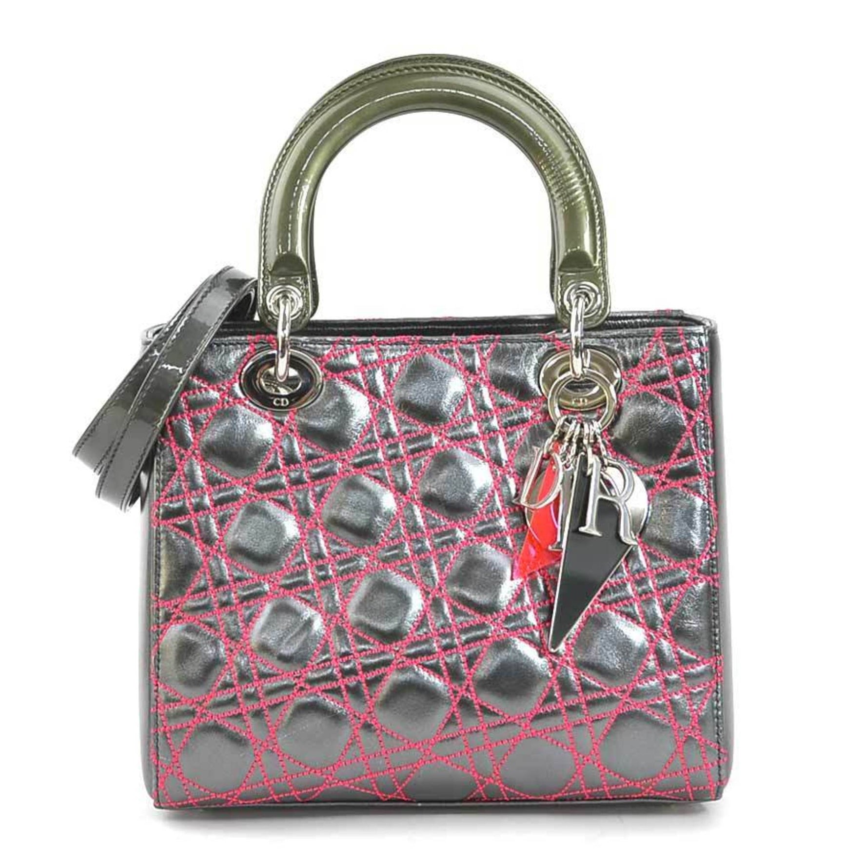 Christian Dior handbag shoulder bag Lady Anselme Lyle leather metallic green silver