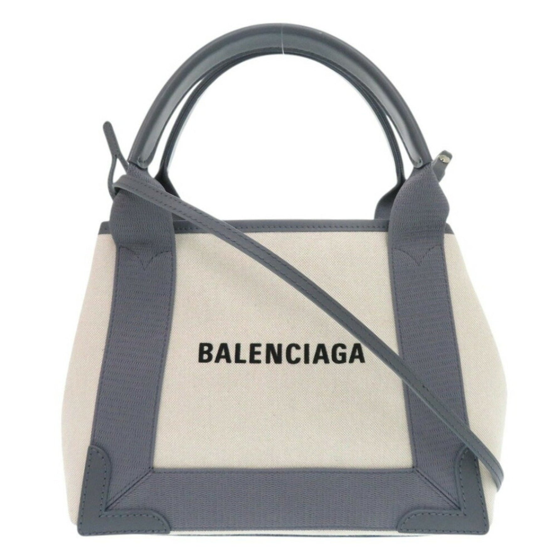 Like new Balenciaga Navy Cabas XS Canvas Leather Grey Light Beige 2way Handbag 0949BALENCIAGA