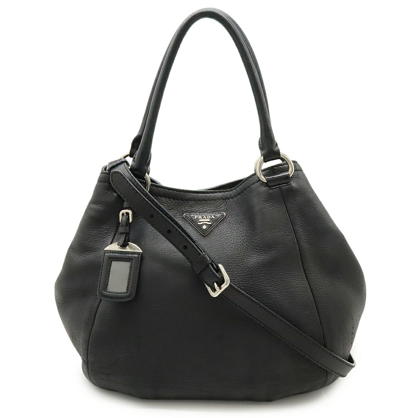 PRADA Triangle Tote Bag/Shoulder Bag in Black Leather (Nero) - Purchased at an Overseas Boutique