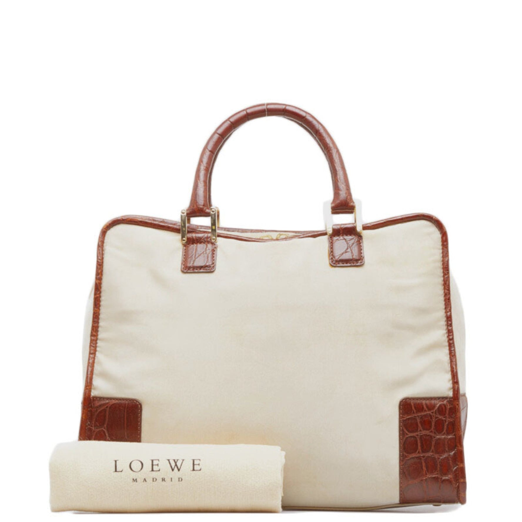 LOEWE Amazona Crocodile Embossed Handbag Mini Boston Bag Beige Brown Leather Nylon