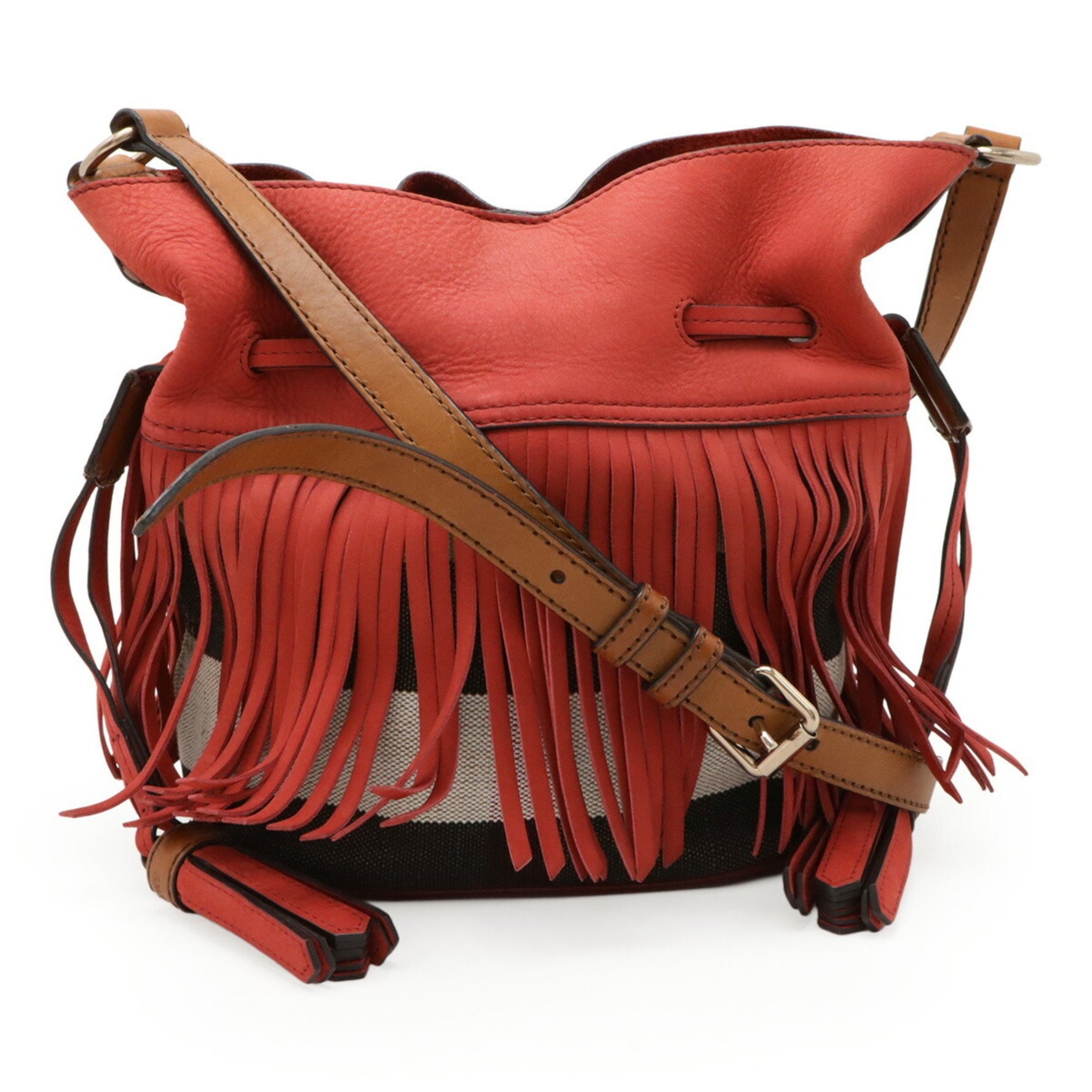 BURBERRY Nova Check Pattern Shoulder Bag Suede Canvas Leather Red Brown